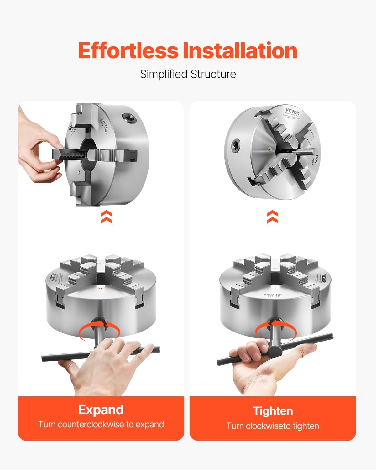 image:imageVEVOR 4Jaw Lathe Chuck 8 Inch 200 mm SelfCentering Chuck with 1 12 in8 Threaded Backing Plate 016787 in 4200 mm Clamping Range with Twrench Screws HT300 Material for Wood Metal Lathe