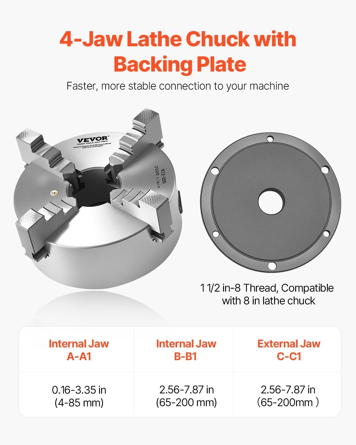 image:imageVEVOR 4Jaw Lathe Chuck 8 Inch 200 mm SelfCentering Chuck with 1 12 in8 Threaded Backing Plate 016787 in 4200 mm Clamping Range with Twrench Screws HT300 Material for Wood Metal Lathe