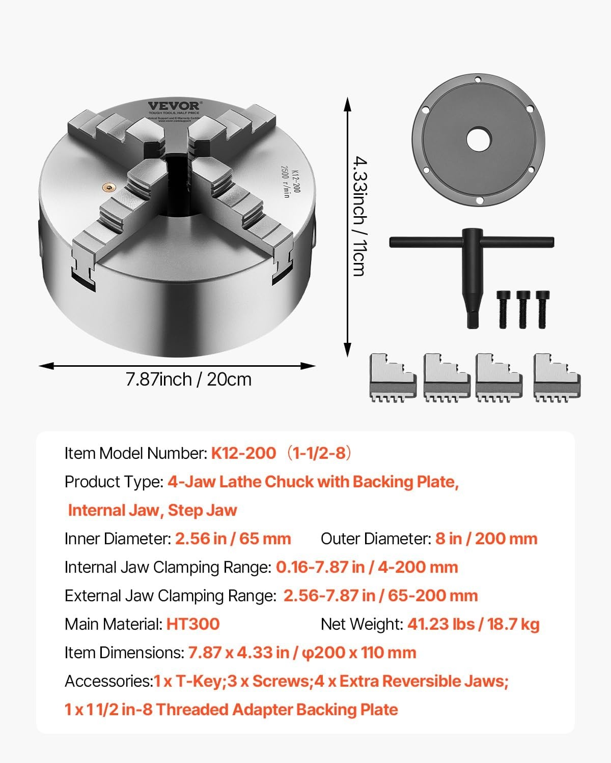 image:imageVEVOR 4Jaw Lathe Chuck 8 Inch 200 mm SelfCentering Chuck with 1 12 in8 Threaded Backing Plate 016787 in 4200 mm Clamping Range with Twrench Screws HT300 Material for Wood Metal Lathe