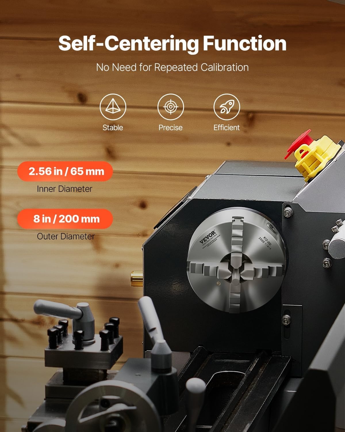 image:imageVEVOR 4Jaw Lathe Chuck 8 Inch 200 mm SelfCentering Chuck with 1 12 in8 Threaded Backing Plate 016787 in 4200 mm Clamping Range with Twrench Screws HT300 Material for Wood Metal Lathe