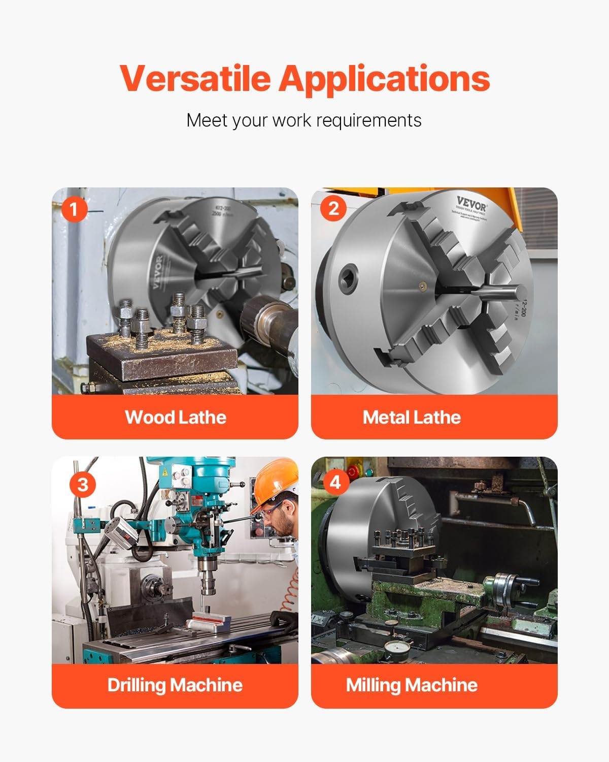 image:imageVEVOR 4Jaw Lathe Chuck 8 Inch 200 mm SelfCentering Chuck with 1 12 in8 Threaded Backing Plate 016787 in 4200 mm Clamping Range with Twrench Screws HT300 Material for Wood Metal Lathe