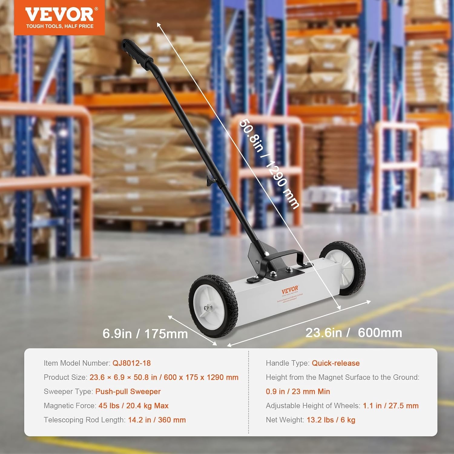 image:imageVEVOR 50Lbs Rolling Magnetic Sweeper with Wheels PushType Magnetic Pick Up Sweeper 24inch Large Magnet Pickup Lawn Sweeper with Telescoping Handle Easy Cleanup of Workshop Garage Yard18 Inch