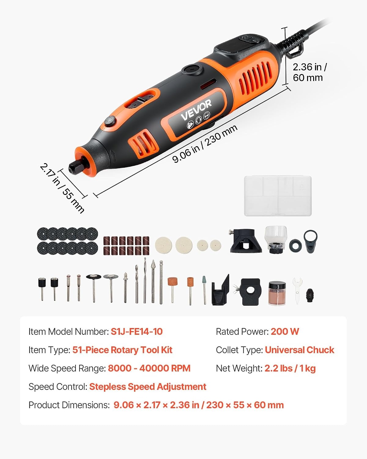 image:imageVEVOR 51Piece Rotary Tool Kit 200W Mini Power Rotary Tool Corded 800040000RPM MultiPurpose DIY Tools with Universal Chuck for Engraving Sanding Grinding Polishing Cutting DIY Crafts