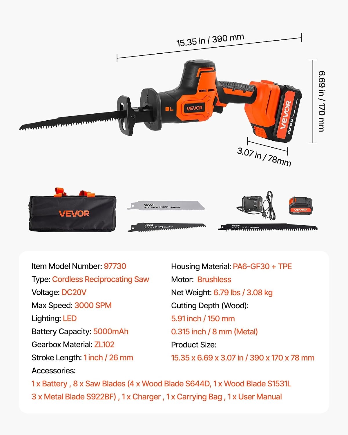 image:imageVEVOR 6 Amp Corded Reciprocating Saw 34 Stroke Length Power Reciprocating Saw with Variable Speed 3000 SPM 8 Blades amp Bag Included for Wood Metal and Plastic CuttingCordless 1