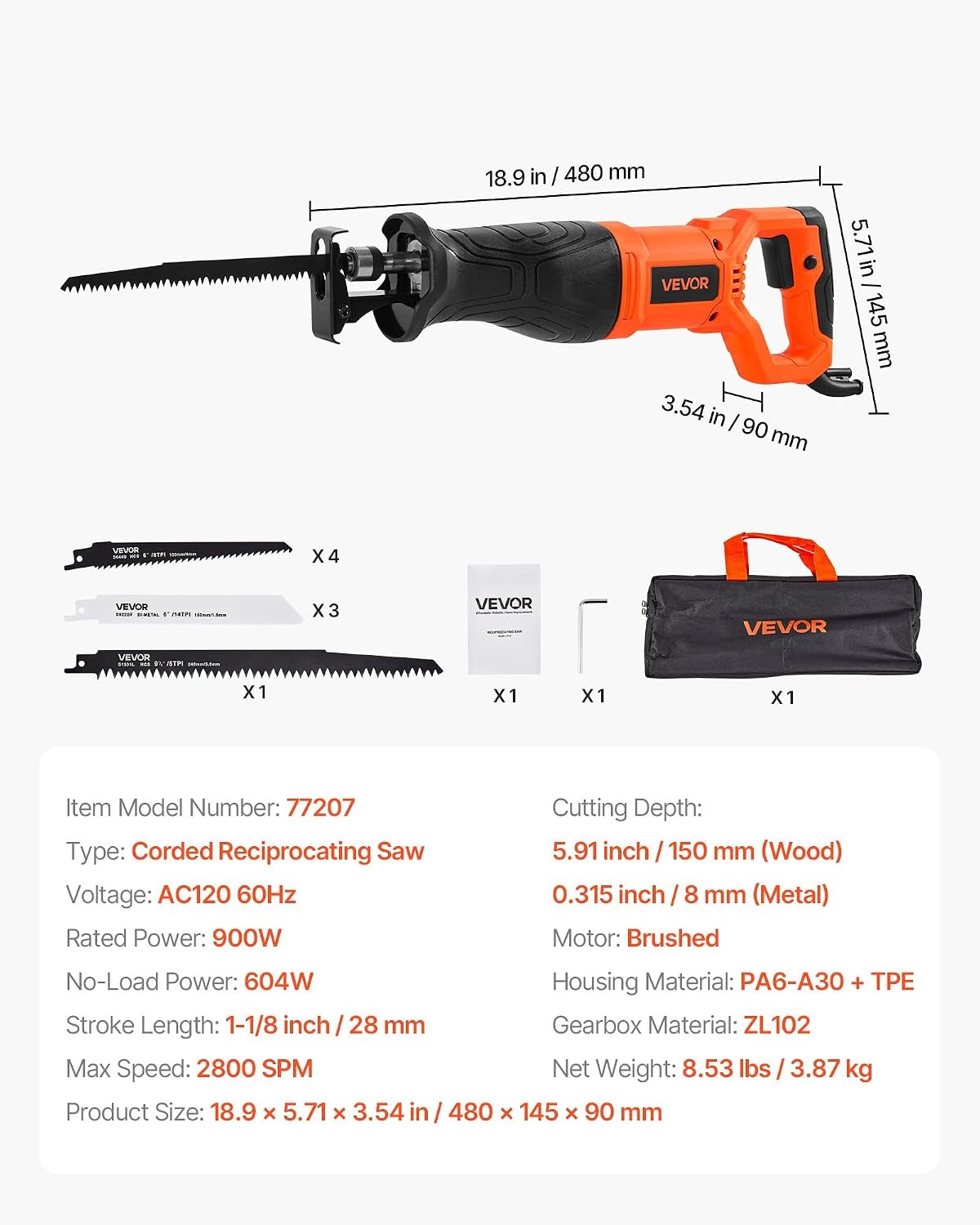 image:imageVEVOR 6 Amp Corded Reciprocating Saw 34 Stroke Length Power Reciprocating Saw with Variable Speed 3000 SPM 8 Blades amp Bag Included for Wood Metal and Plastic Cutting118