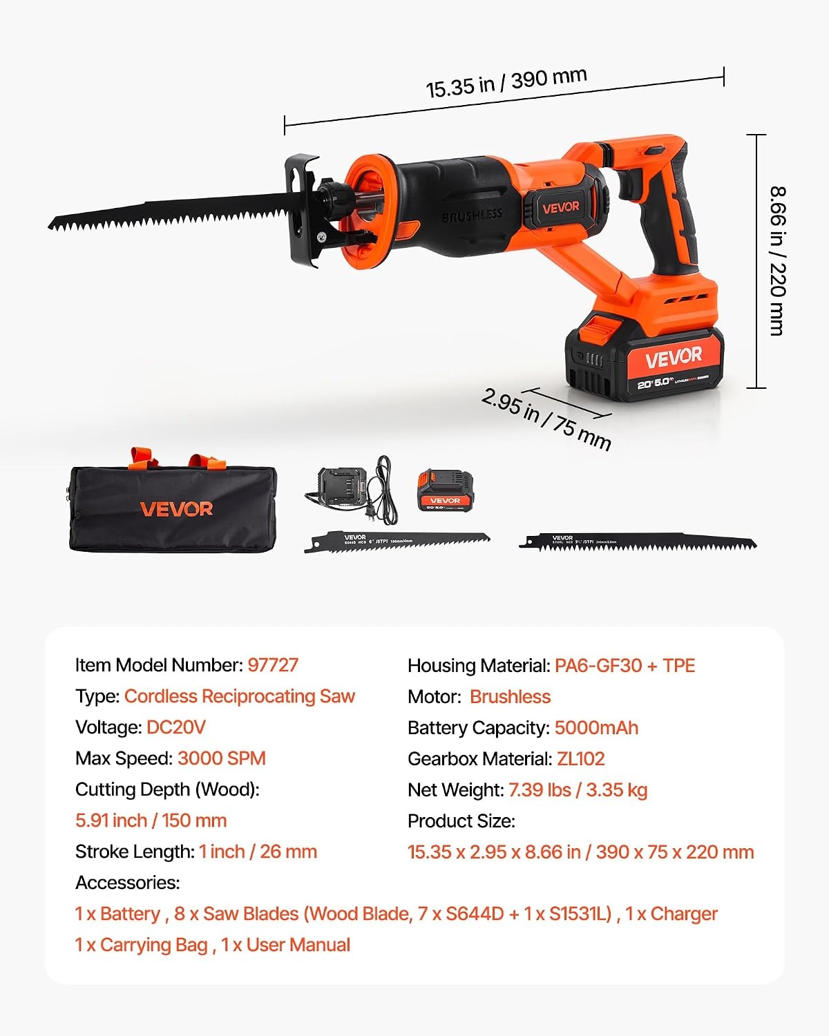 image:imageVEVOR 6 Amp Corded Reciprocating Saw 34 Stroke Length Power Reciprocating Saw with Variable Speed 3000 SPM 8 Blades amp Bag Included for Wood Metal and Plastic Cutting1