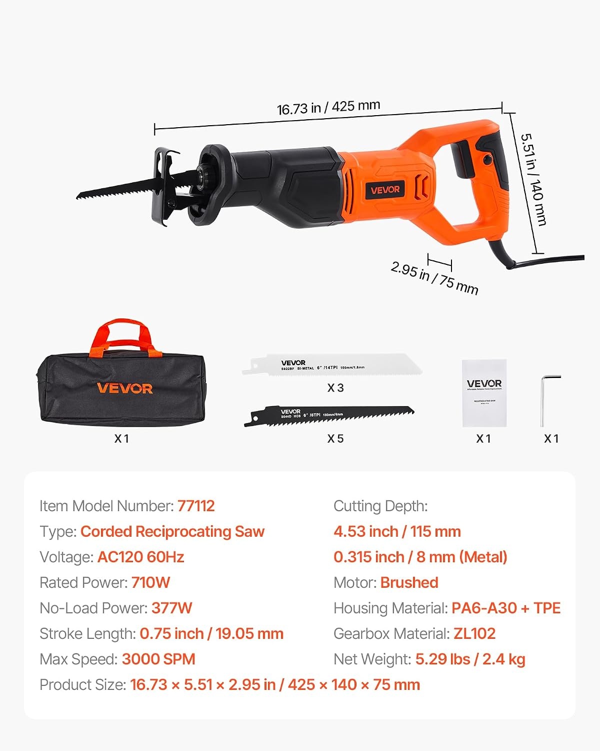 image:imageVEVOR 6 Amp Corded Reciprocating Saw 34 Stroke Length Power Reciprocating Saw with Variable Speed 3000 SPM 8 Blades amp Bag Included for Wood Metal and Plastic Cutting34