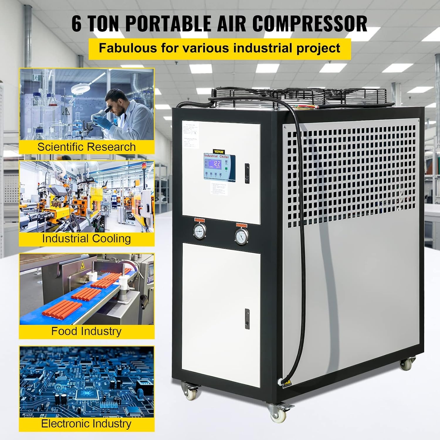image:imageVEVOR 6Ton Capacity AirCooled Water Chiller 6HP Stainless Steel Portable Digital Microcomputer Control Black