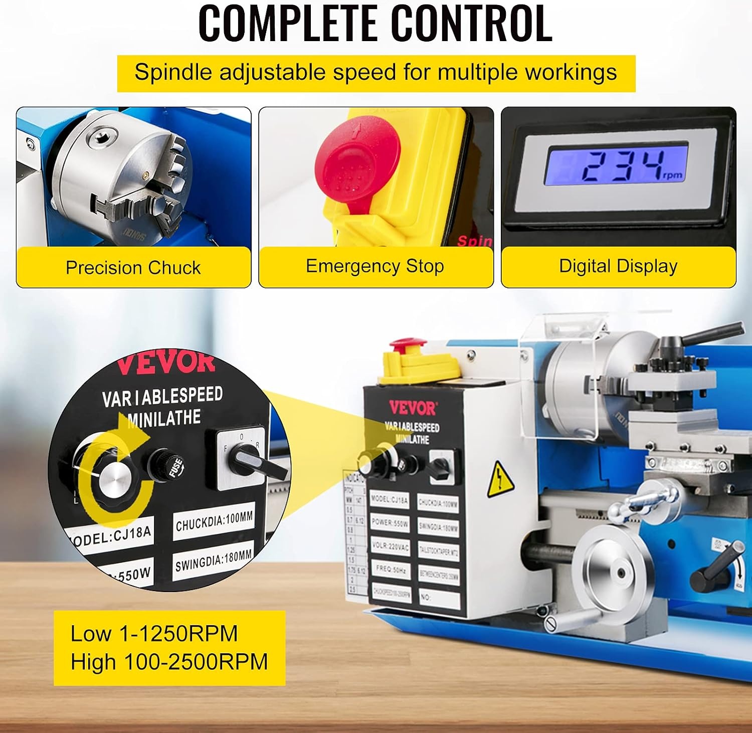 image:imageVEVOR 7x14 Metal Lathe Upgraded Digital Display 550W Variable Speed 2250RPM 3jaw Chuck CNC Mini Lathe Machine Precision Tool Box Benchtop7 x 14