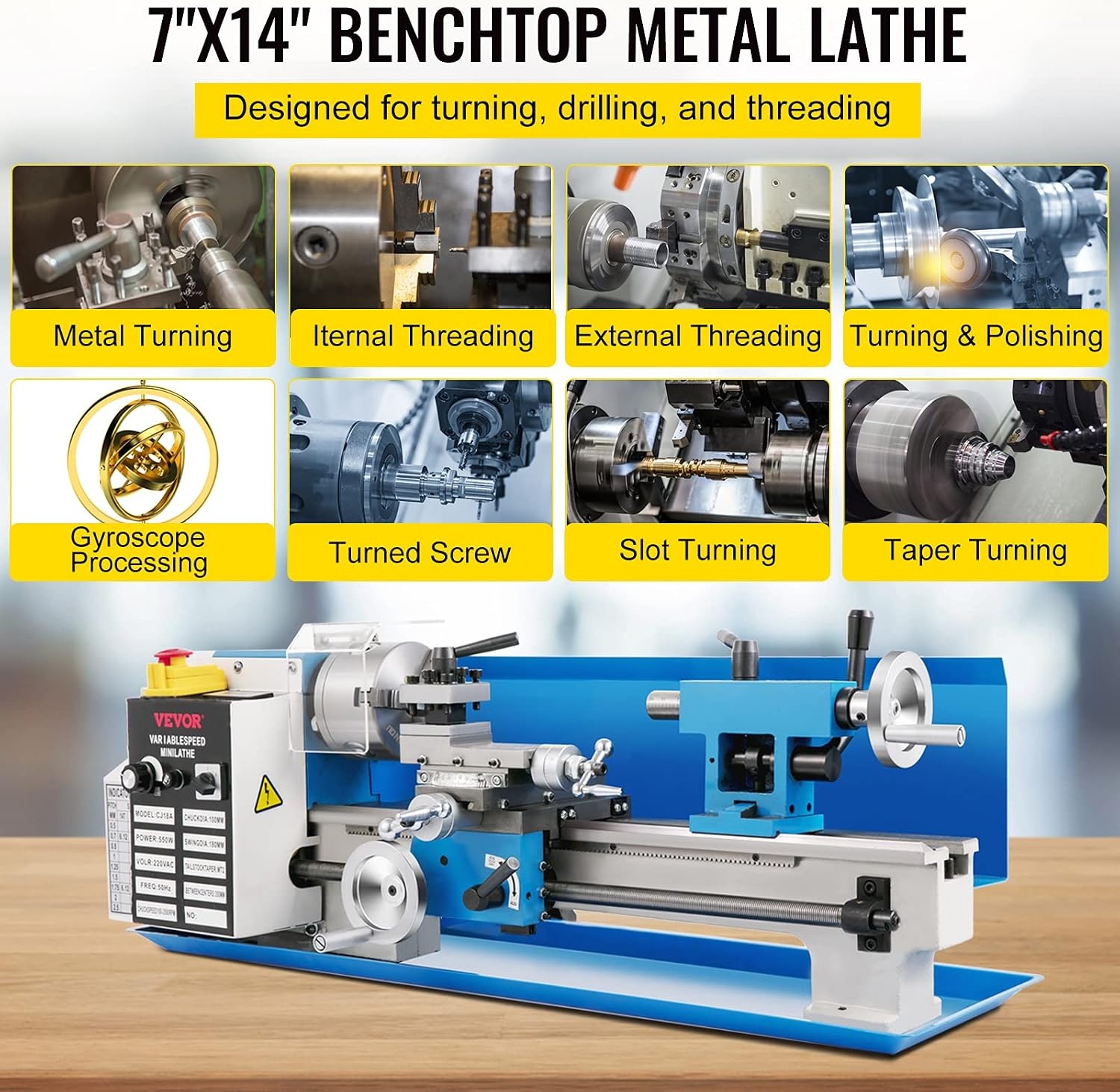 image:imageVEVOR 7x14 Metal Lathe Upgraded Digital Display 550W Variable Speed 2250RPM 3jaw Chuck CNC Mini Lathe Machine Precision Tool Box Benchtop7 x 14