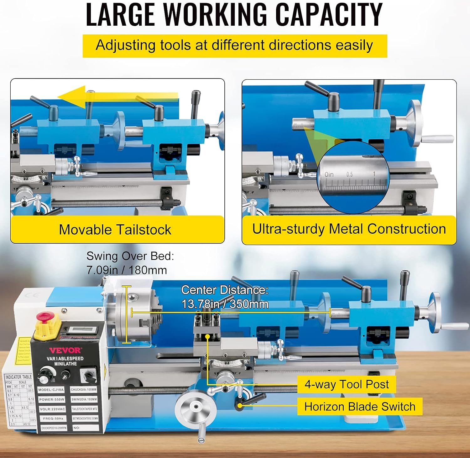 image:imageVEVOR 7x14 Metal Lathe Upgraded Digital Display 550W Variable Speed 2250RPM 3jaw Chuck CNC Mini Lathe Machine Precision Tool Box Benchtop7 x 14