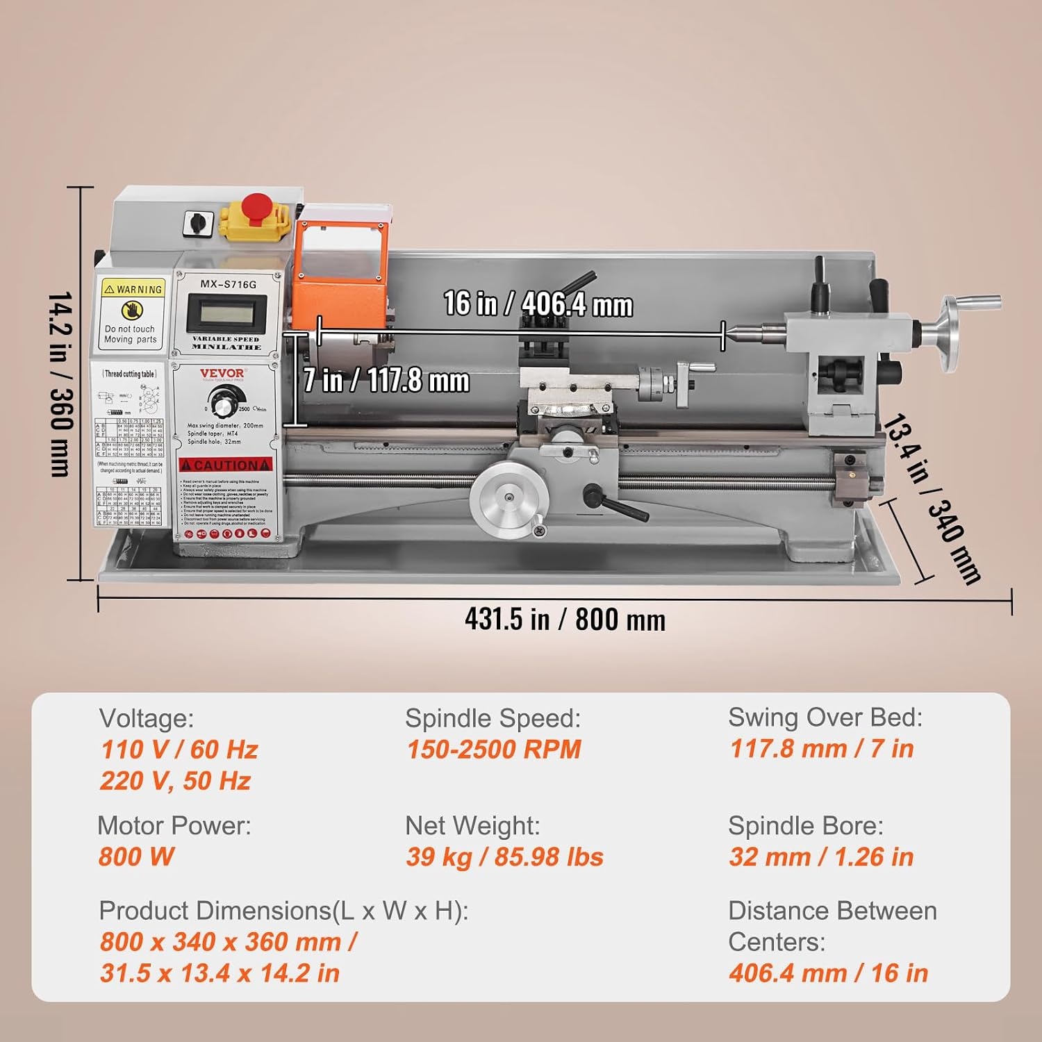 image:imageVEVOR 7x14 Metal Lathe Upgraded Digital Display 550W Variable Speed 2250RPM 3jaw Chuck CNC Mini Lathe Machine Precision Tool Box Benchtop7 x 16
