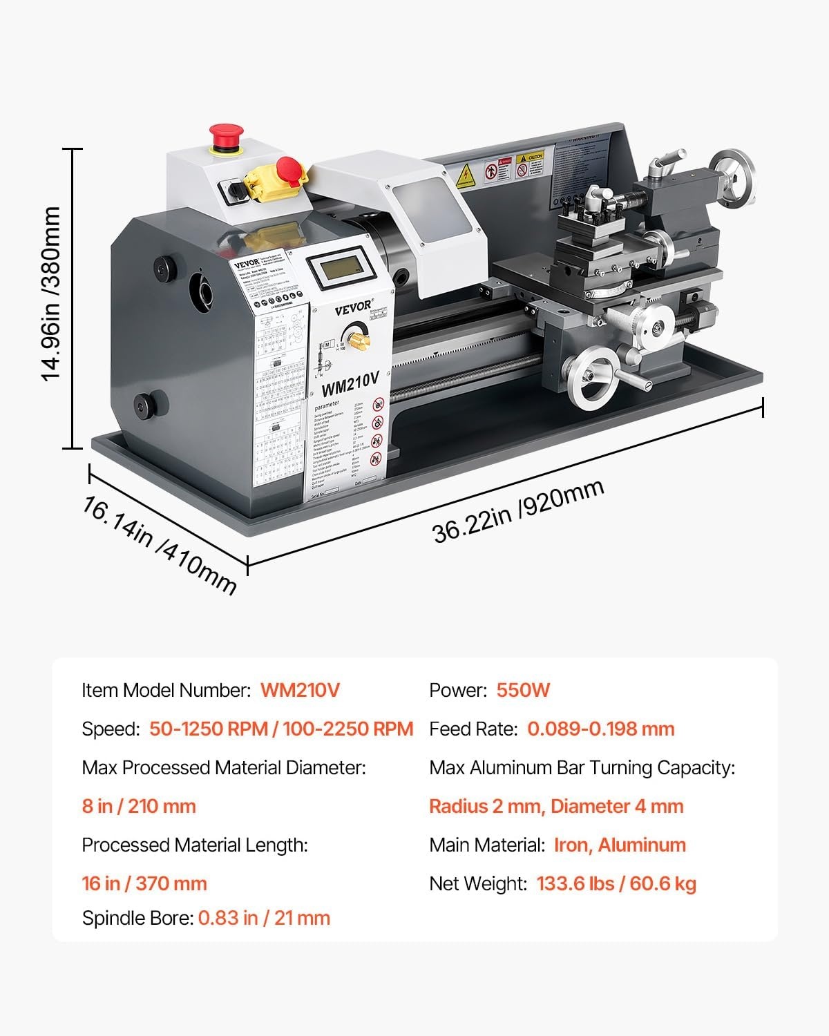 image:imageVEVOR 7x14 Metal Lathe Upgraded Digital Display 550W Variable Speed 2250RPM 3jaw Chuck CNC Mini Lathe Machine Precision Tool Box Benchtop8 x 16Highquality