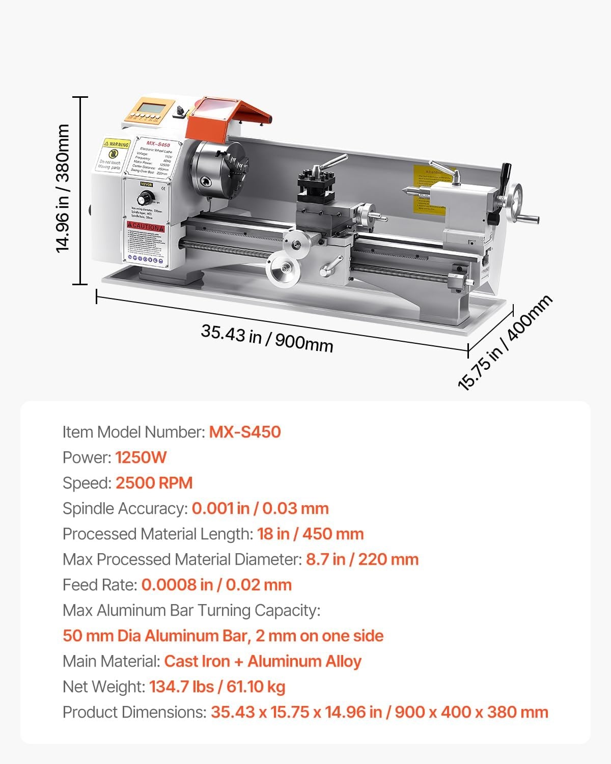 image:imageVEVOR 7x14 Metal Lathe Upgraded Digital Display 550W Variable Speed 2250RPM 3jaw Chuck CNC Mini Lathe Machine Precision Tool Box Benchtop87 x 18 inAutomatic Feed