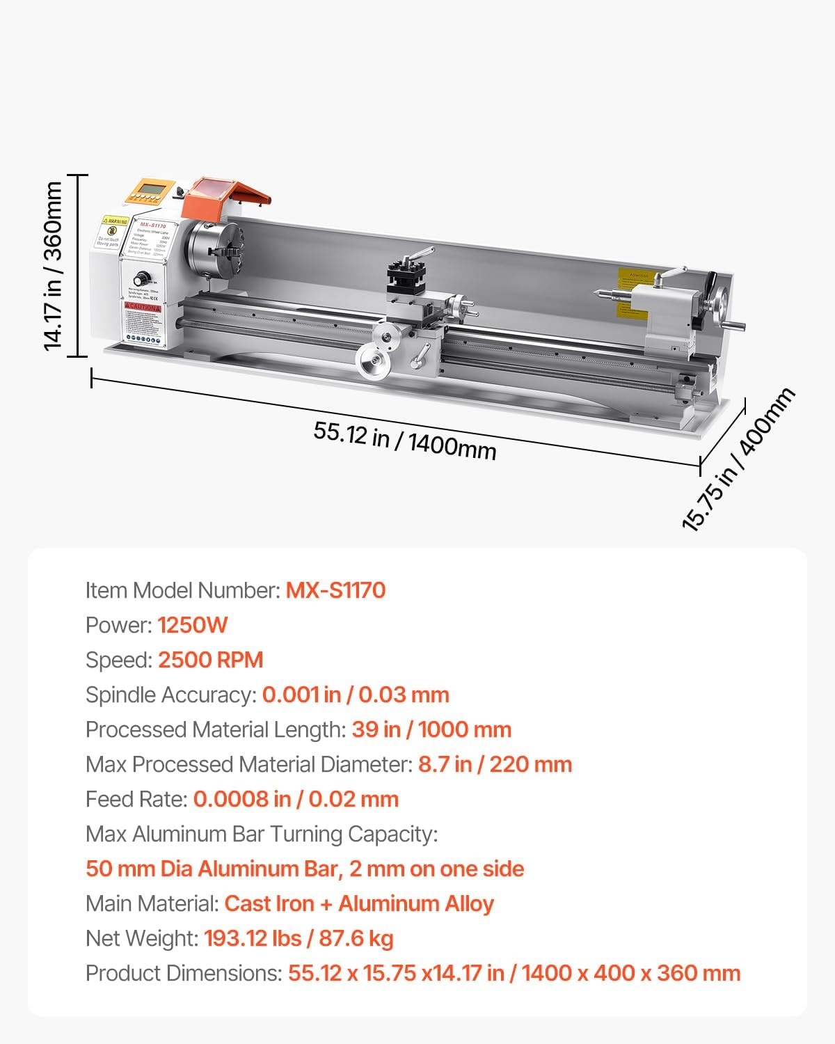 image:imageVEVOR 7x14 Metal Lathe Upgraded Digital Display 550W Variable Speed 2250RPM 3jaw Chuck CNC Mini Lathe Machine Precision Tool Box Benchtop87 x 39Automatic Feed