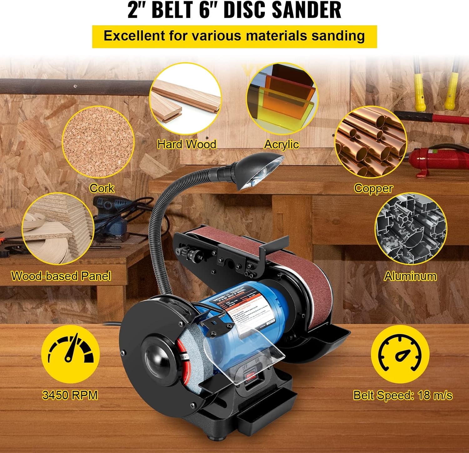 image:imageVEVOR 8 Inch Bench Grinder Bench Grinder Sander with 2 x28 Inch Belt Sander Combo and 25A Induction Motor for Metalworking Sharpening Grinding2IN1 2 Belt Grinder