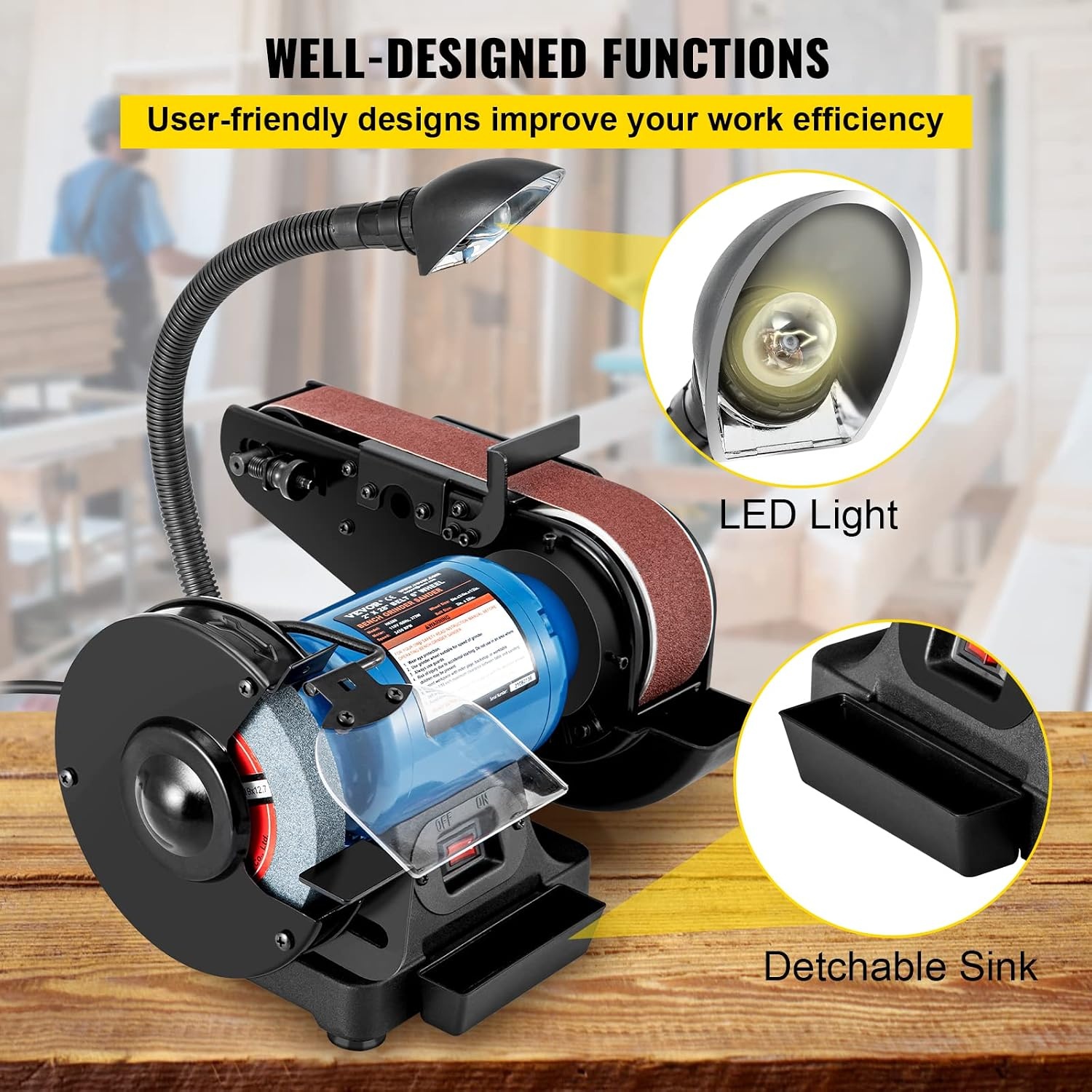 image:imageVEVOR 8 Inch Bench Grinder Bench Grinder Sander with 2 x28 Inch Belt Sander Combo and 25A Induction Motor for Metalworking Sharpening Grinding2IN1 2 Belt Grinder