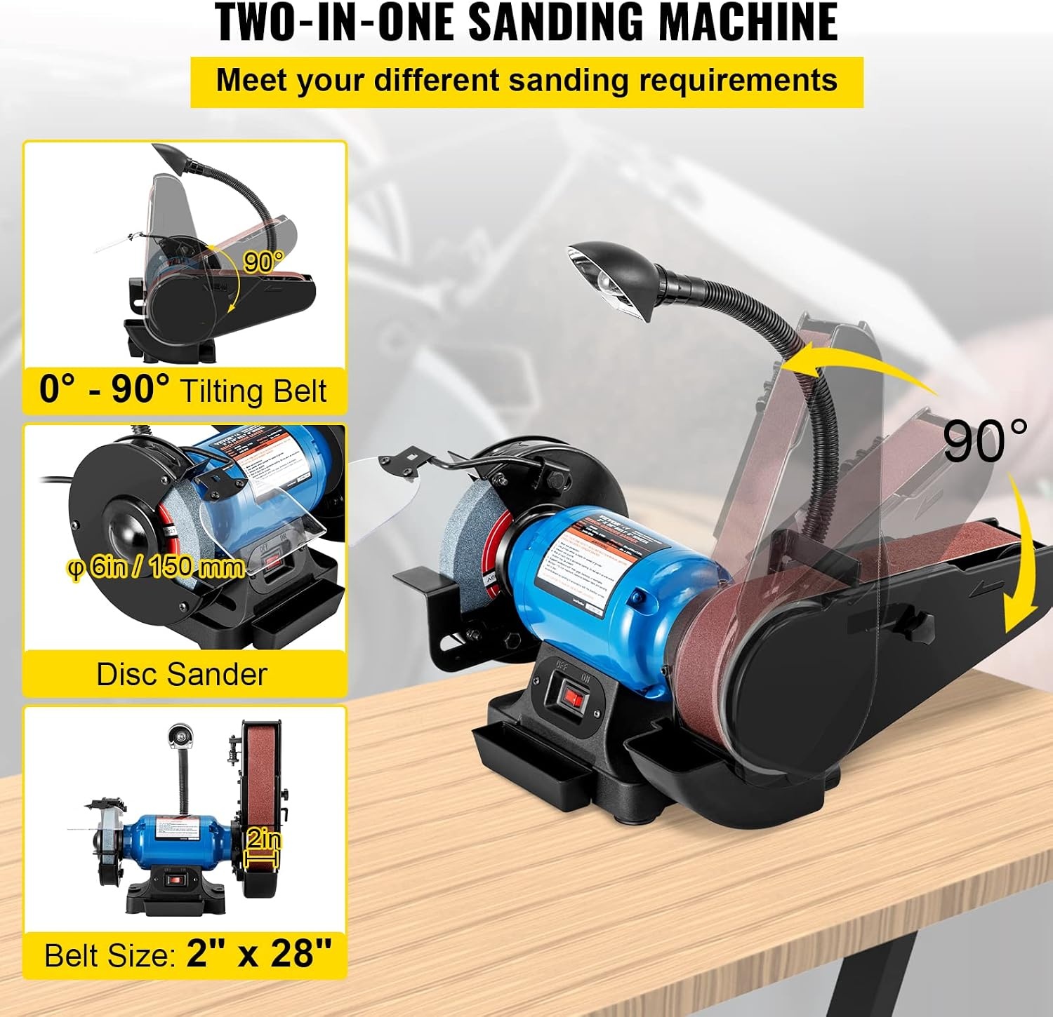 image:imageVEVOR 8 Inch Bench Grinder Bench Grinder Sander with 2 x28 Inch Belt Sander Combo and 25A Induction Motor for Metalworking Sharpening Grinding2IN1 2 Belt Grinder