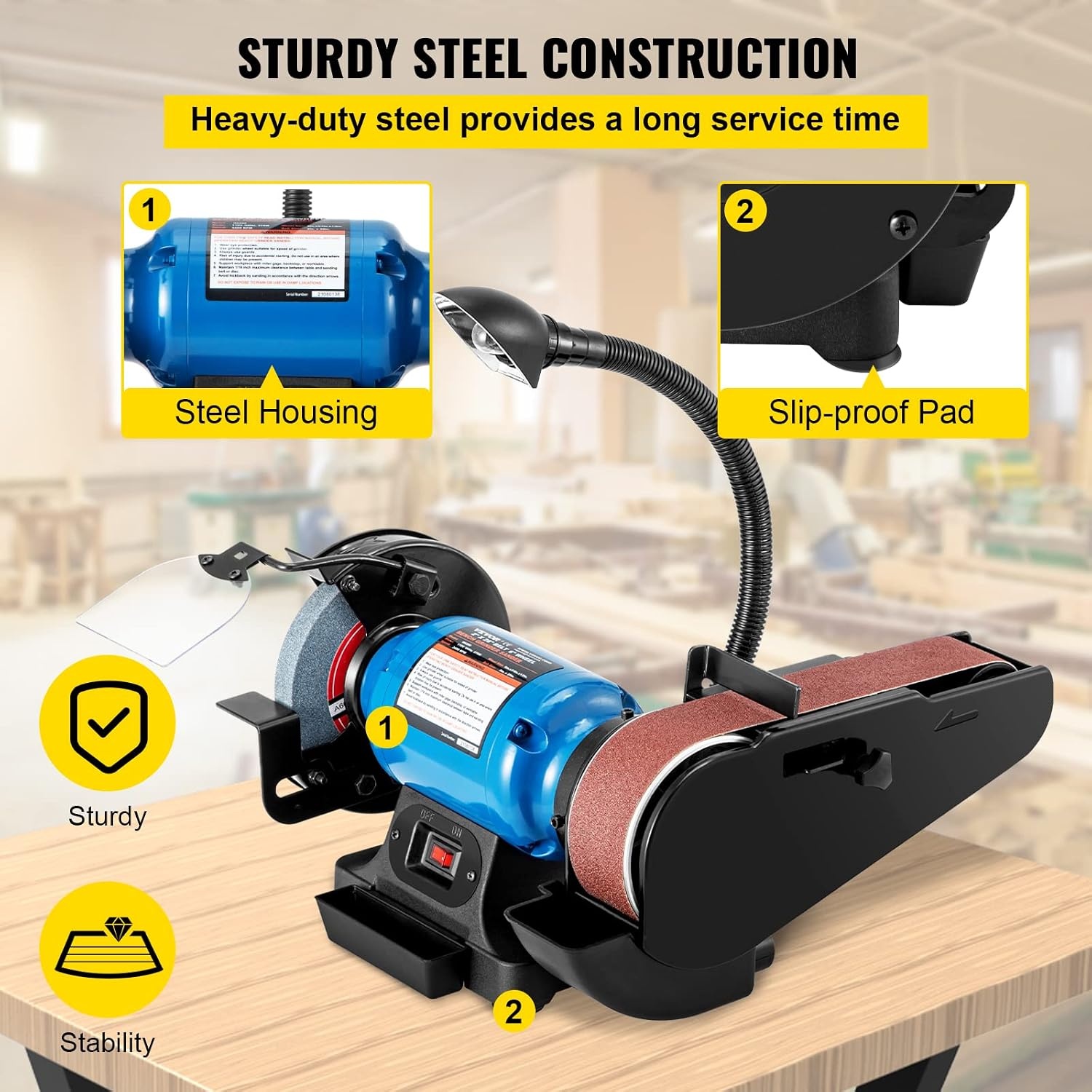 image:imageVEVOR 8 Inch Bench Grinder Bench Grinder Sander with 2 x28 Inch Belt Sander Combo and 25A Induction Motor for Metalworking Sharpening Grinding2IN1 2 Belt Grinder