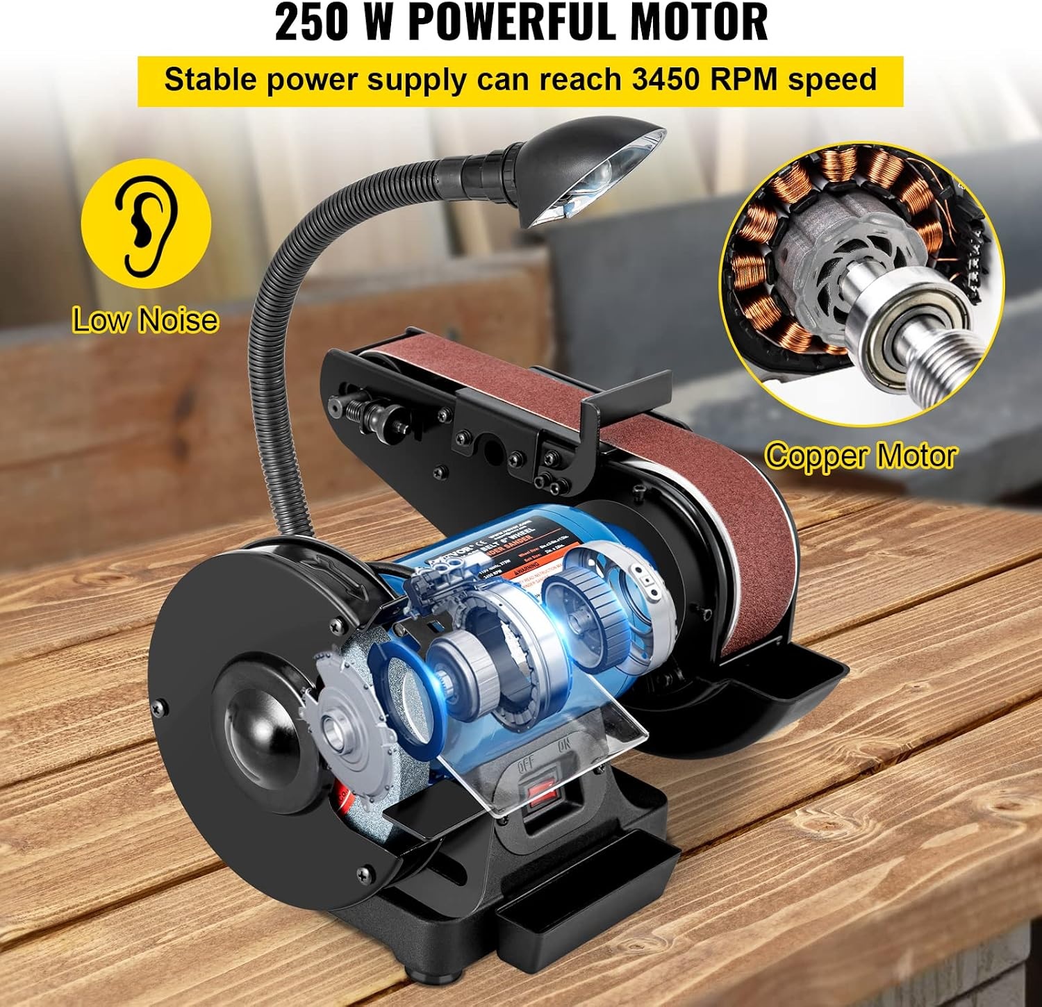 image:imageVEVOR 8 Inch Bench Grinder Bench Grinder Sander with 2 x28 Inch Belt Sander Combo and 25A Induction Motor for Metalworking Sharpening Grinding2IN1 2 Belt Grinder