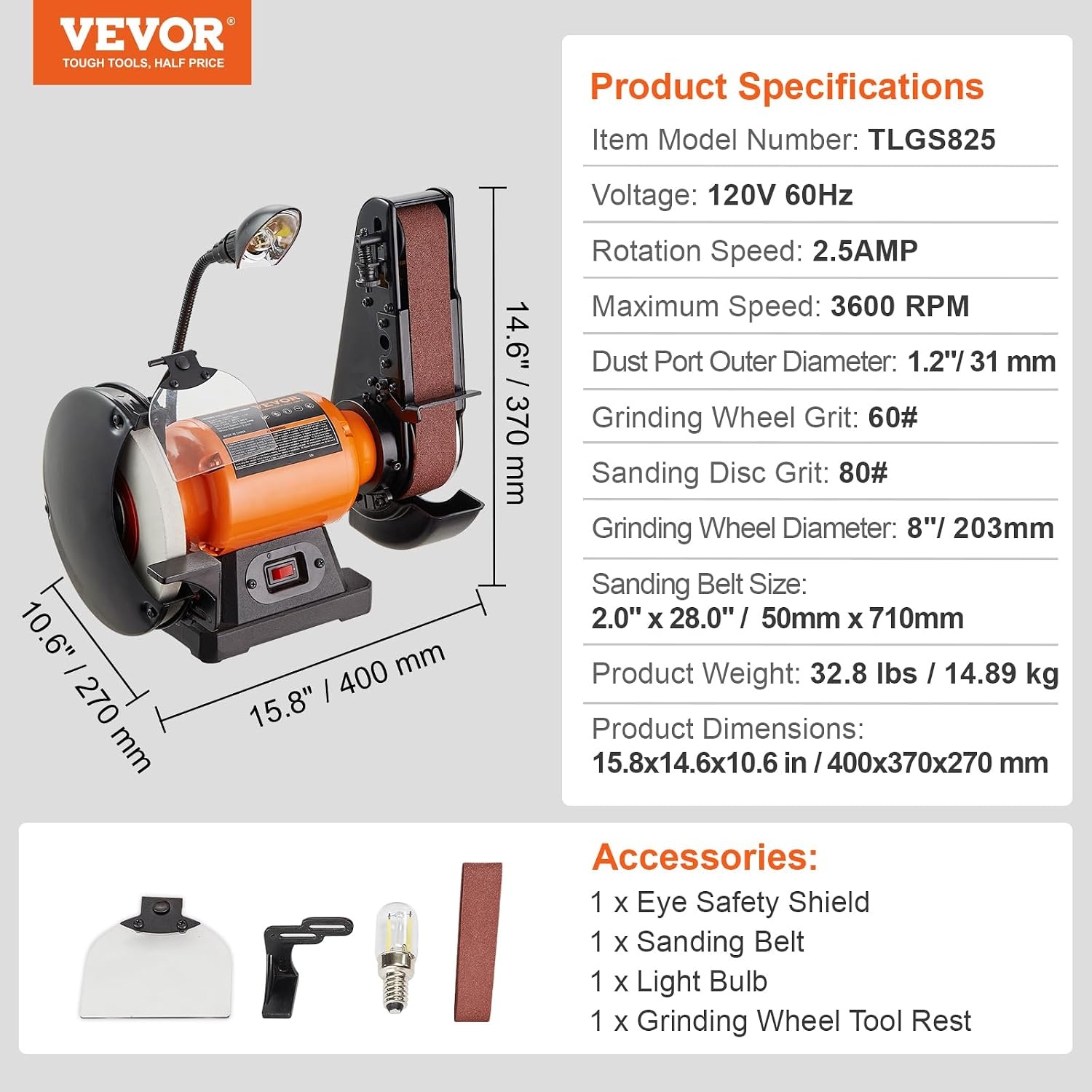 image:imageVEVOR 8 Inch Bench Grinder Bench Grinder Sander with 2 x28 Inch Belt Sander Combo and 25A Induction Motor for Metalworking Sharpening Grinding8 Inch Bench Grinder