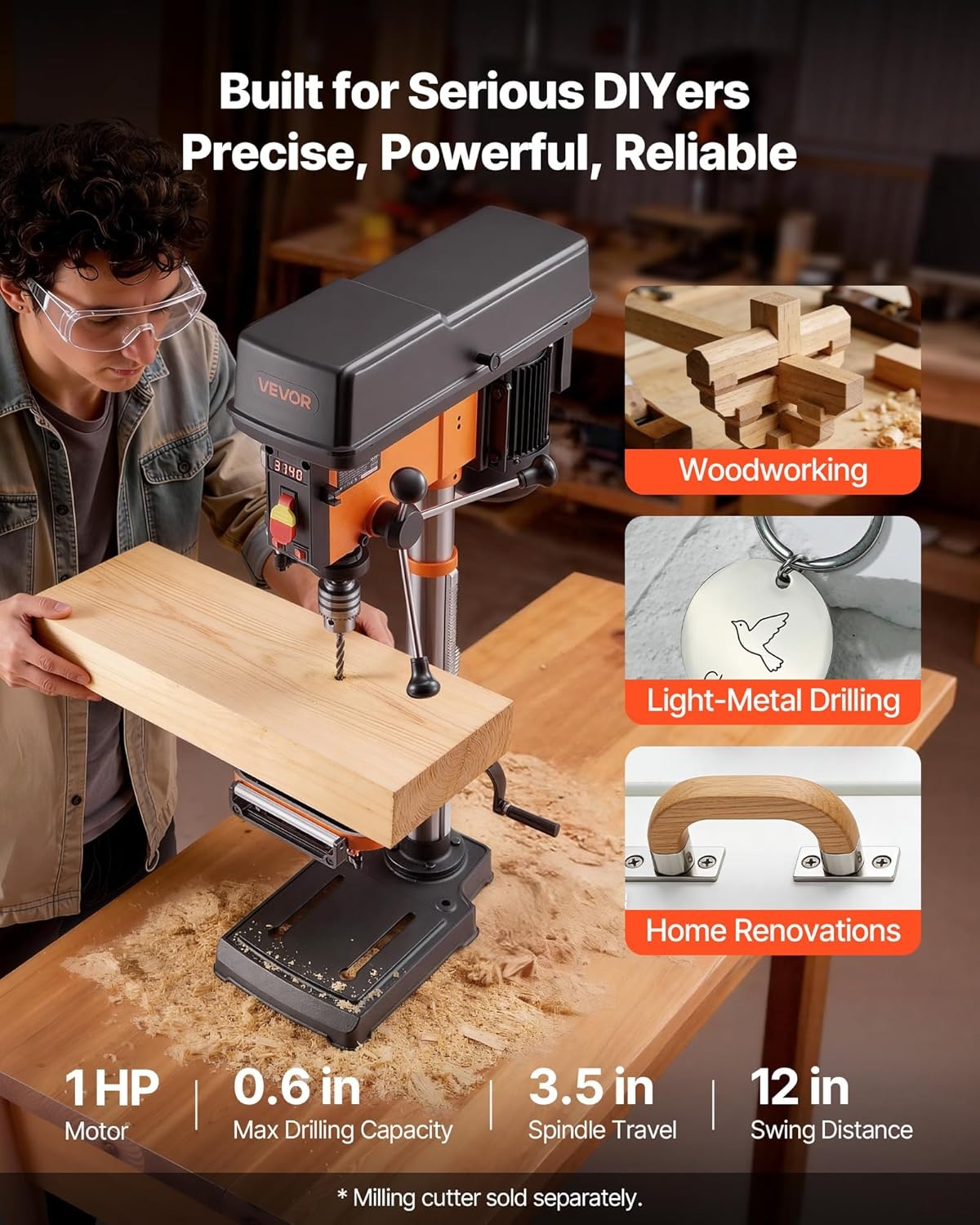 image:imageVEVOR 8 in Benchtop Drill Press 25A Induction Motor Tabletop Drilling Machine with 7501140 17402340 3200 RPM Adjustable Speed 045 Tilting Worktable LED Work Light for Wood Metal12 in