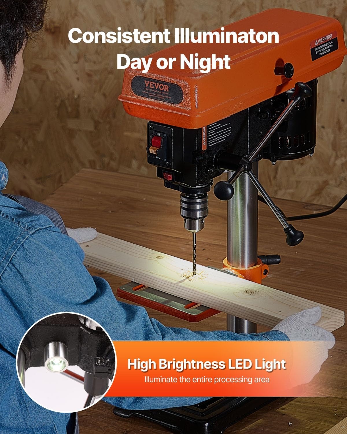 image:imageVEVOR 8 in Benchtop Drill Press 25A Induction Motor Tabletop Drilling Machine with 7501140 17402340 3200 RPM Adjustable Speed 045 Tilting Worktable LED Work Light for Wood Metal8 in