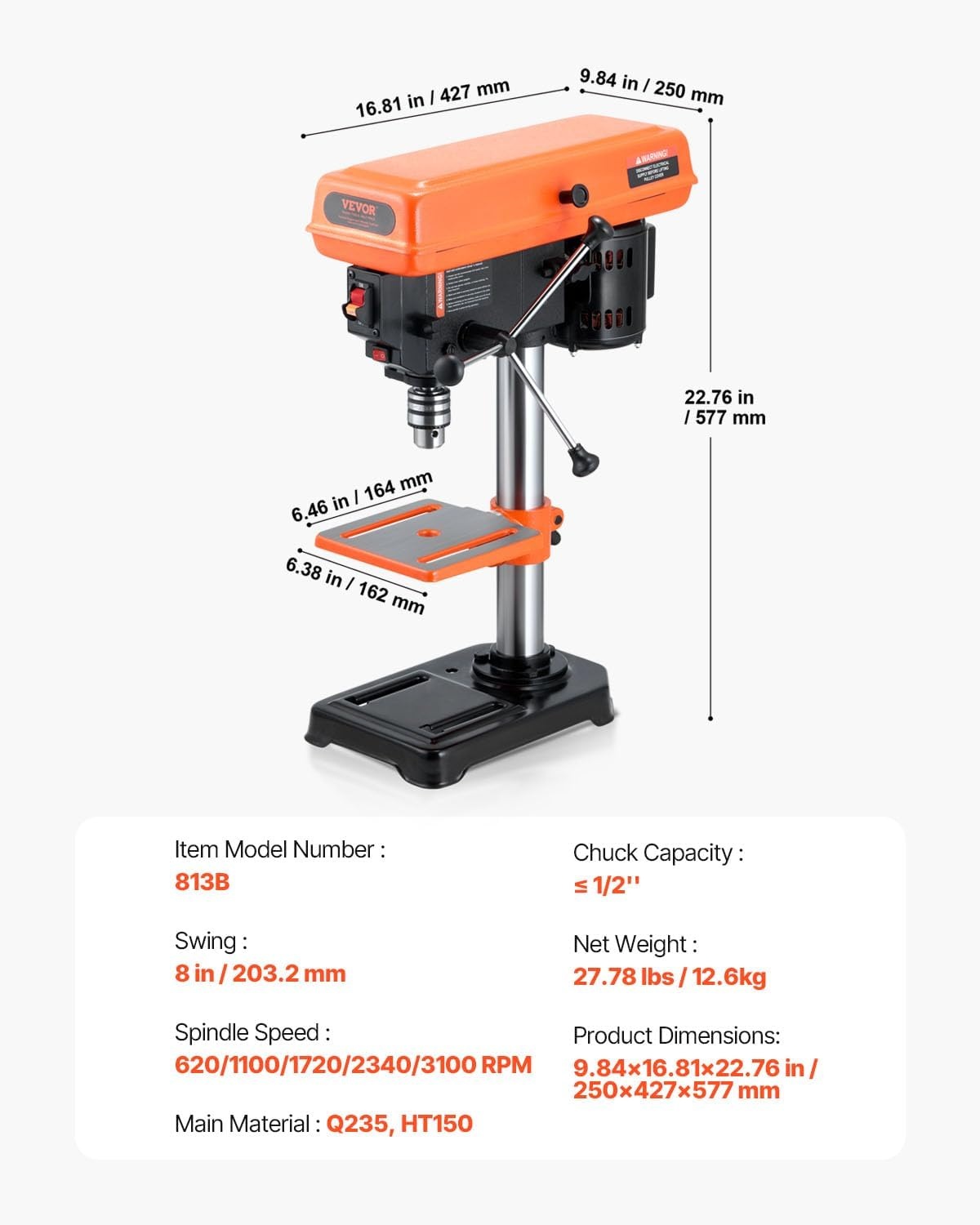 image:imageVEVOR 8 in Benchtop Drill Press 25A Induction Motor Tabletop Drilling Machine with 7501140 17402340 3200 RPM Adjustable Speed 045 Tilting Worktable LED Work Light for Wood Metal8 in