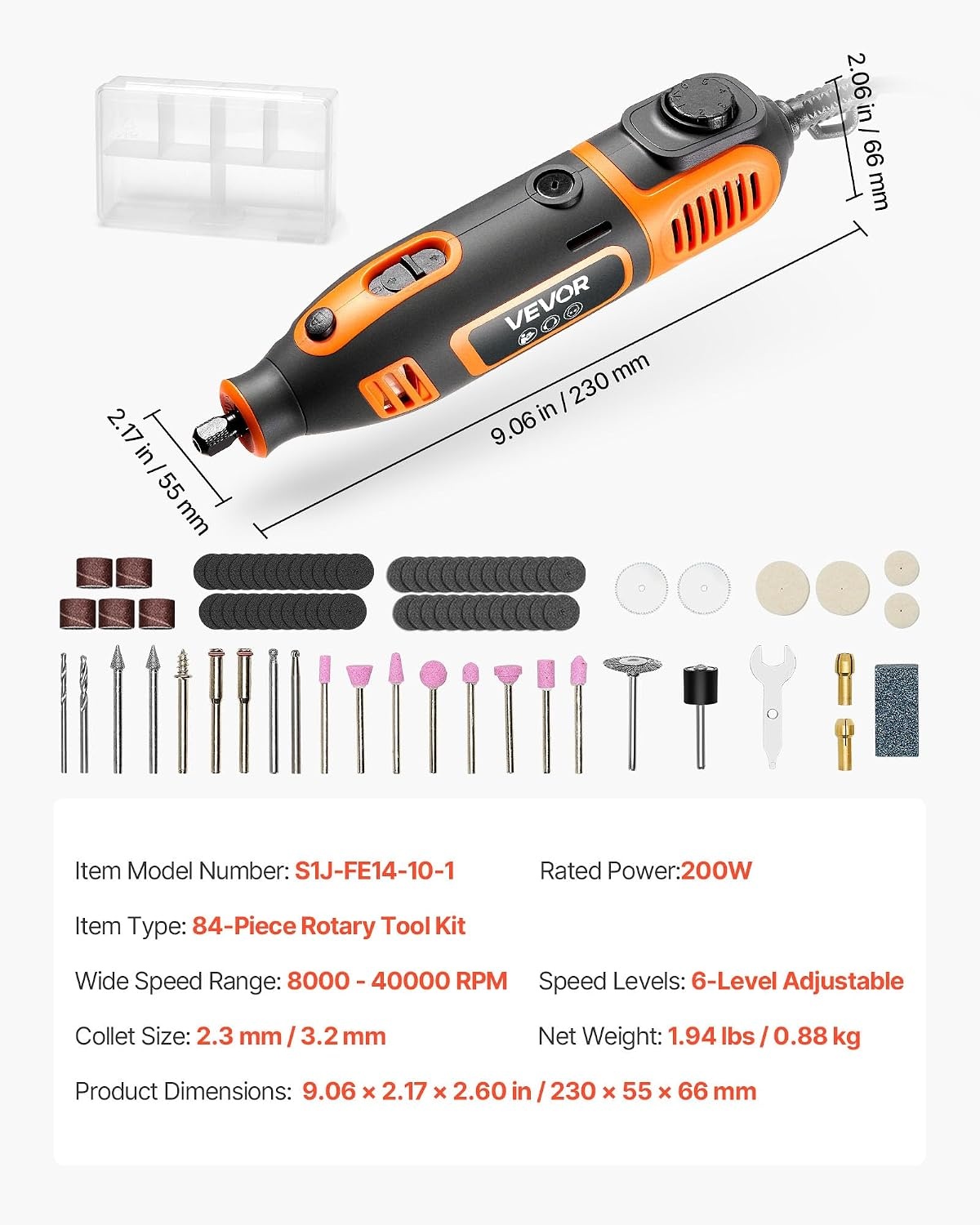 image:imageVEVOR 84Piece Rotary Tool Kit 200W Mini Power Rotary Tool Corded 6Level Speed 800040000 RPM MultiPurpose DIY Tools for Engraving Sanding Polishing Carving Grinding Cutting DIY Crafts