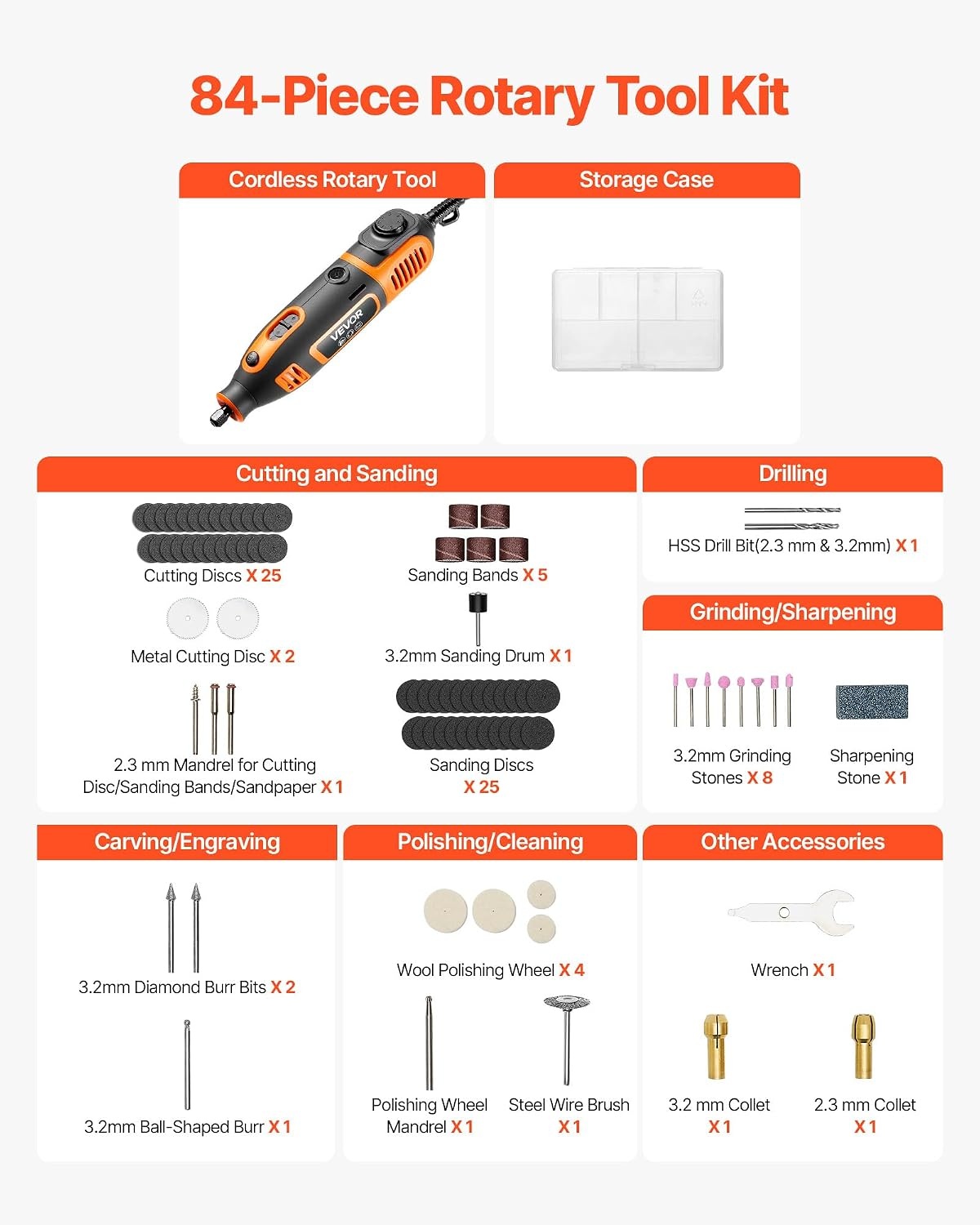 image:imageVEVOR 84Piece Rotary Tool Kit 200W Mini Power Rotary Tool Corded 6Level Speed 800040000 RPM MultiPurpose DIY Tools for Engraving Sanding Polishing Carving Grinding Cutting DIY Crafts