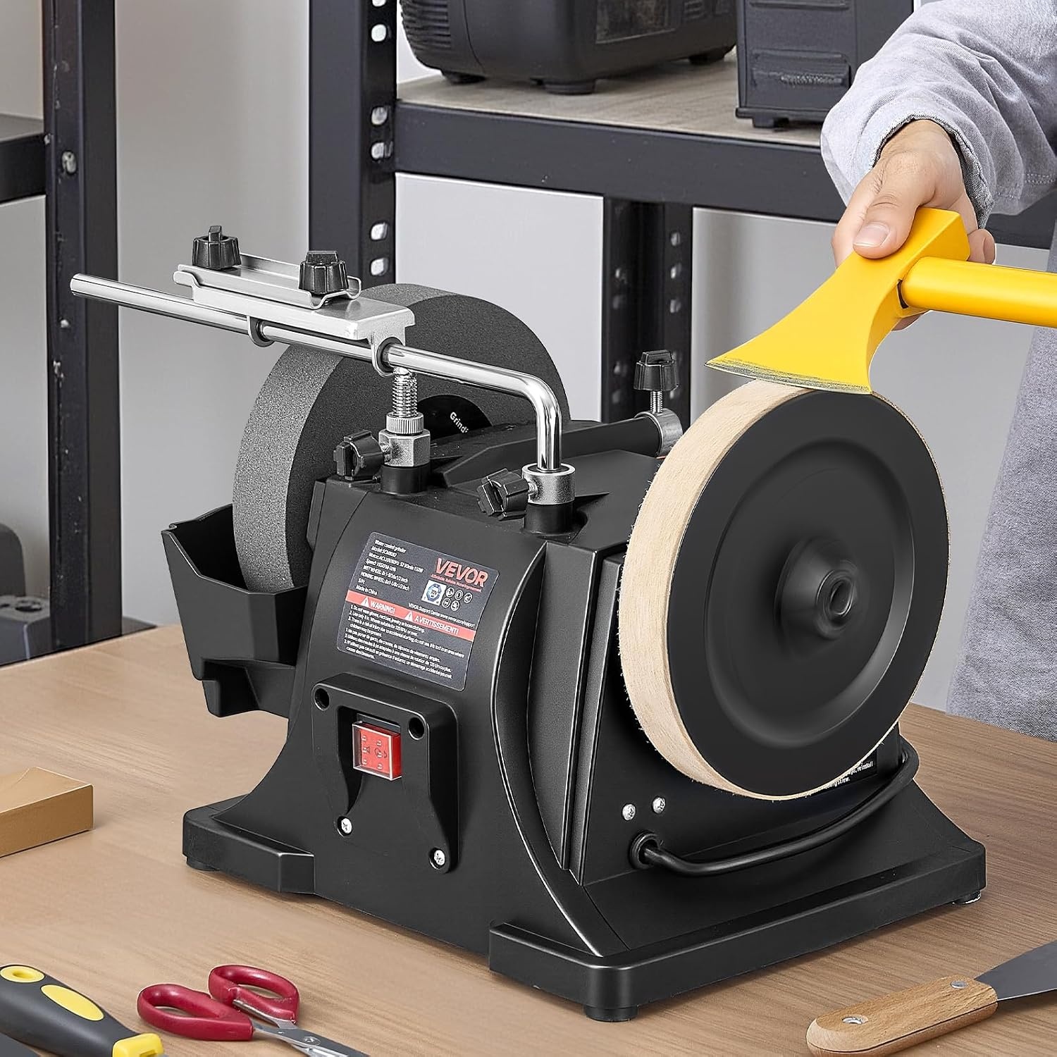 image:imageVEVOR 8Inch Wet Sharpening System WaterCooled Knife Grinder Machine with 155 RPM Grinding Speed VerticalHorizontal TwoDirection Wet Stone Grinder Wet Bench Grinder for Knife Chisel Knife Axe