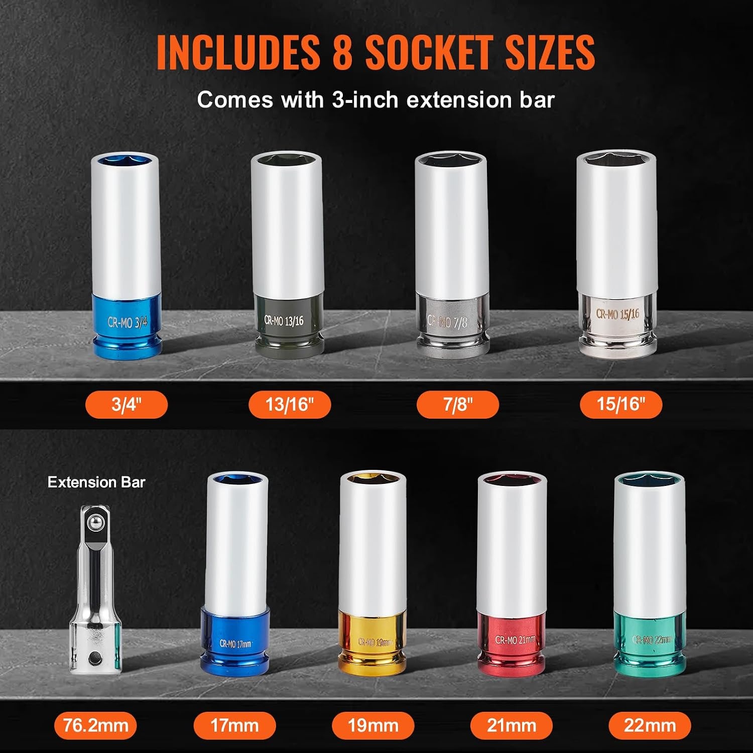 image:imageVEVOR 9Piece Lug Nut Impact Socket Set 12 Inch Drive Metric and SAE 6Point CRMO Deep Wheel Protector Impact Socket Set With Storage Case and Extension Bar for Auto Repair
