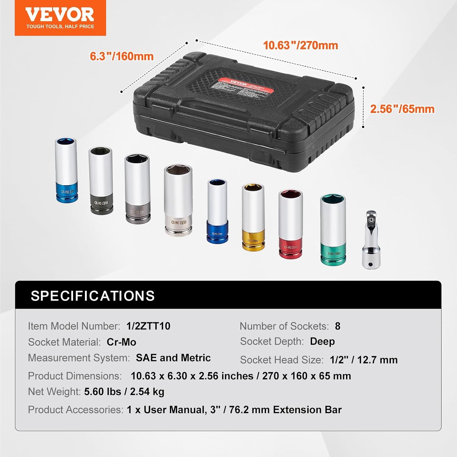 image:imageVEVOR 9Piece Lug Nut Impact Socket Set 12 Inch Drive Metric and SAE 6Point CRMO Deep Wheel Protector Impact Socket Set With Storage Case and Extension Bar for Auto Repair