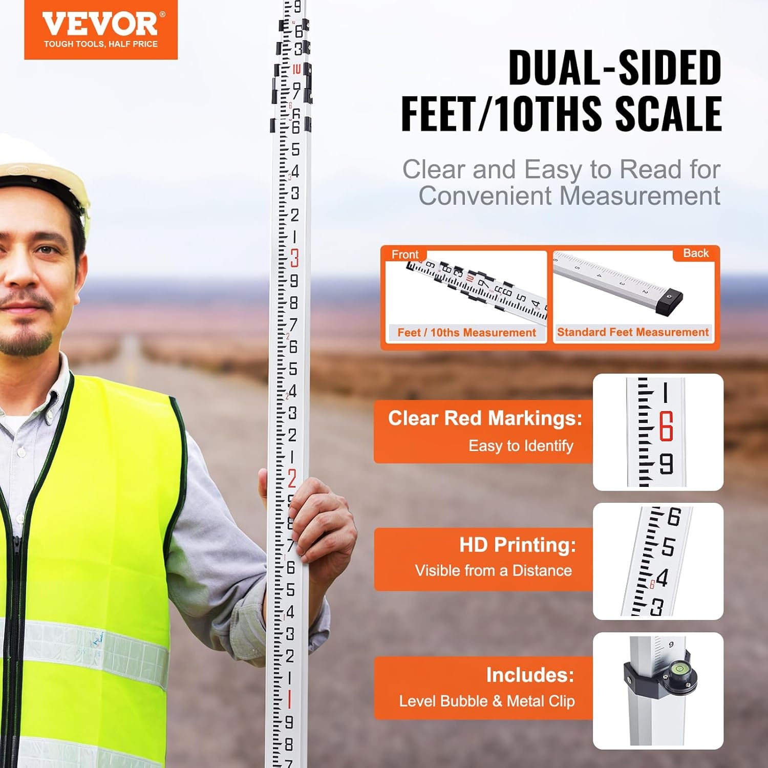 image:imageVEVOR Aluminum Grade Telescopic Measuring Rod 9Feet 3 Sections DoubleSided 18in Leveling Rod with Bubble Level amp Carrying Bag for Houses Walls Floors20 FT10ths