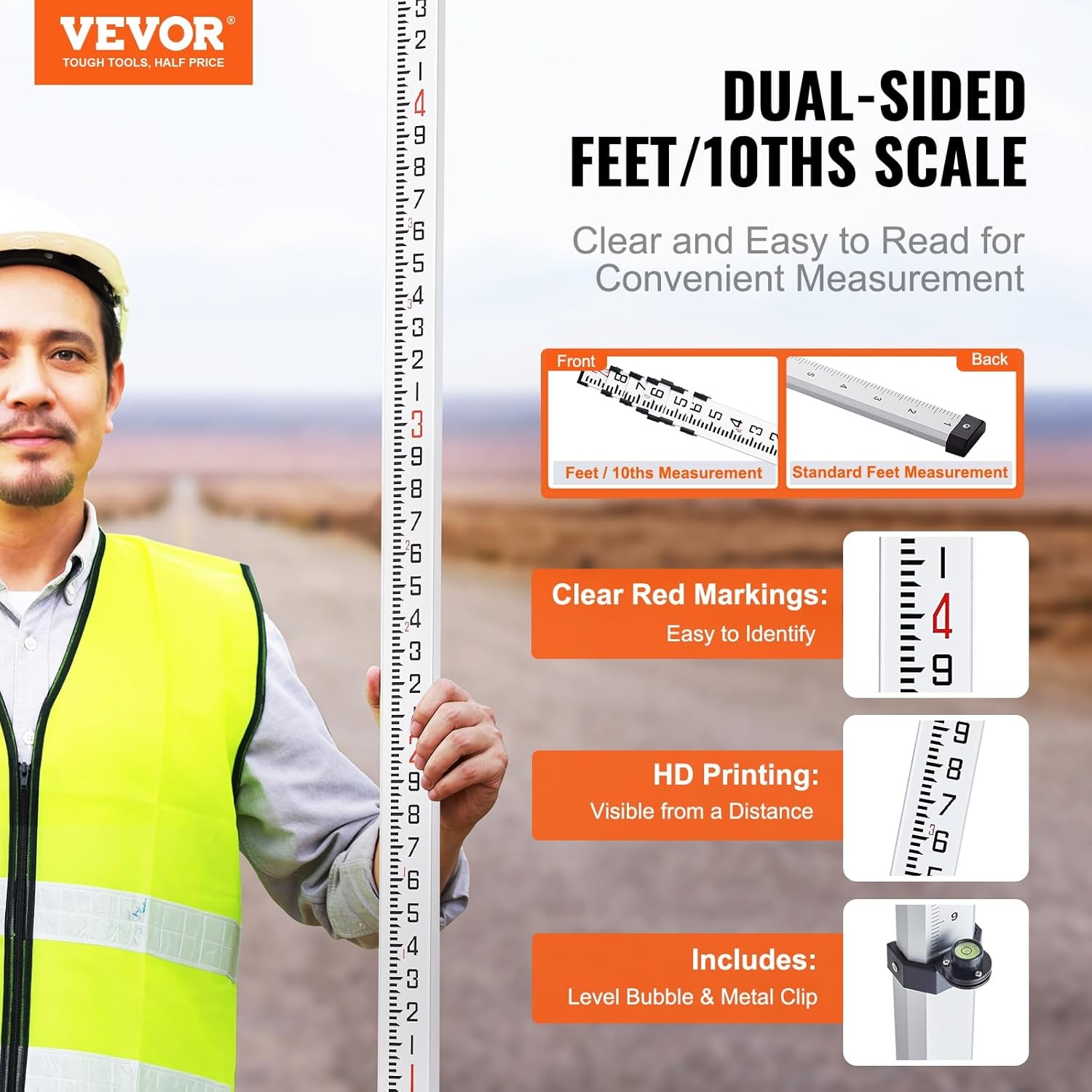 image:imageVEVOR Aluminum Grade Telescopic Measuring Rod 9Feet 3 Sections DoubleSided 18in Leveling Rod with Bubble Level amp Carrying Bag for Houses Walls Floors25 FT10ths
