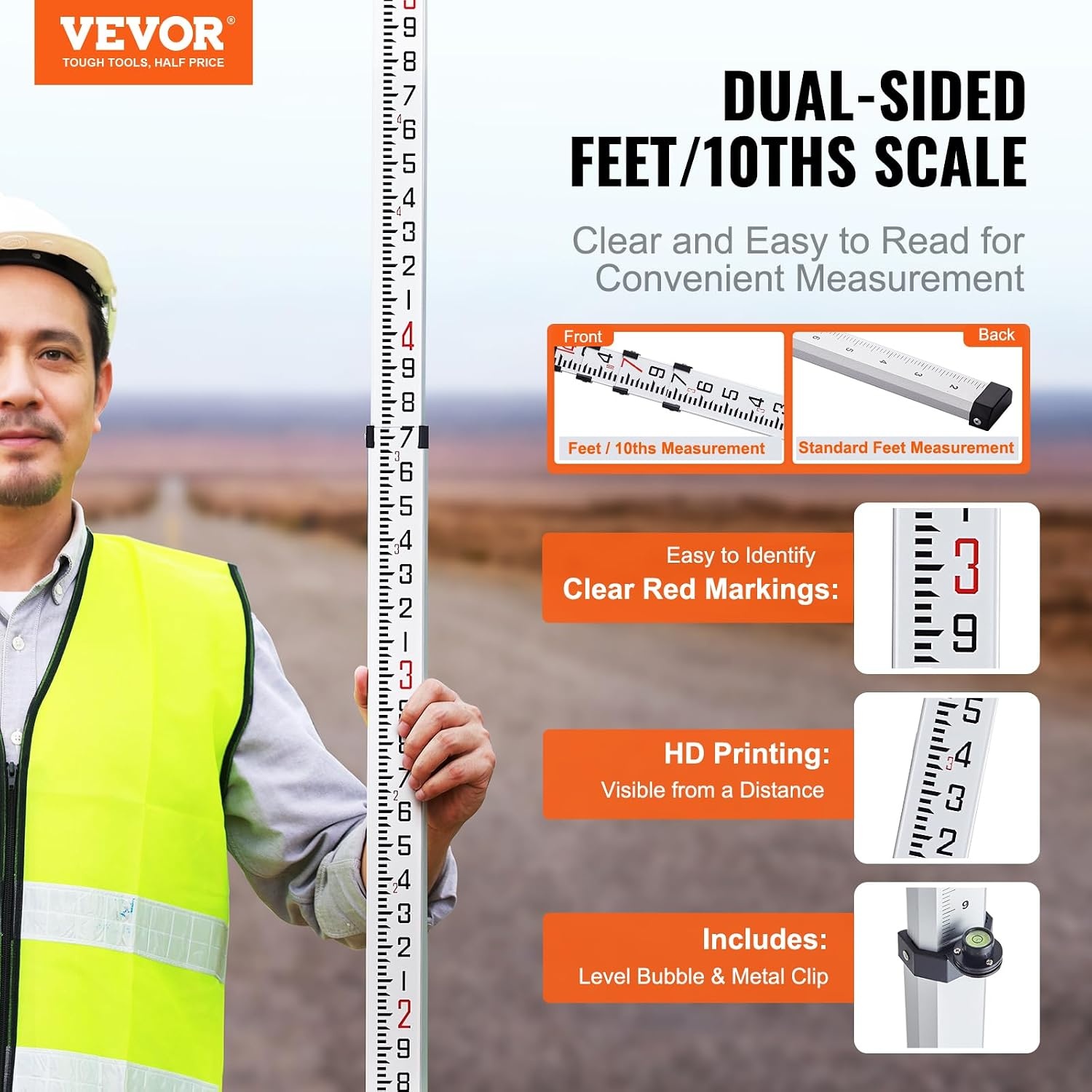 image:imageVEVOR Aluminum Grade Telescopic Measuring Rod 9Feet 3 Sections DoubleSided 18in Leveling Rod with Bubble Level amp Carrying Bag for Houses Walls Floors14 FT10ths