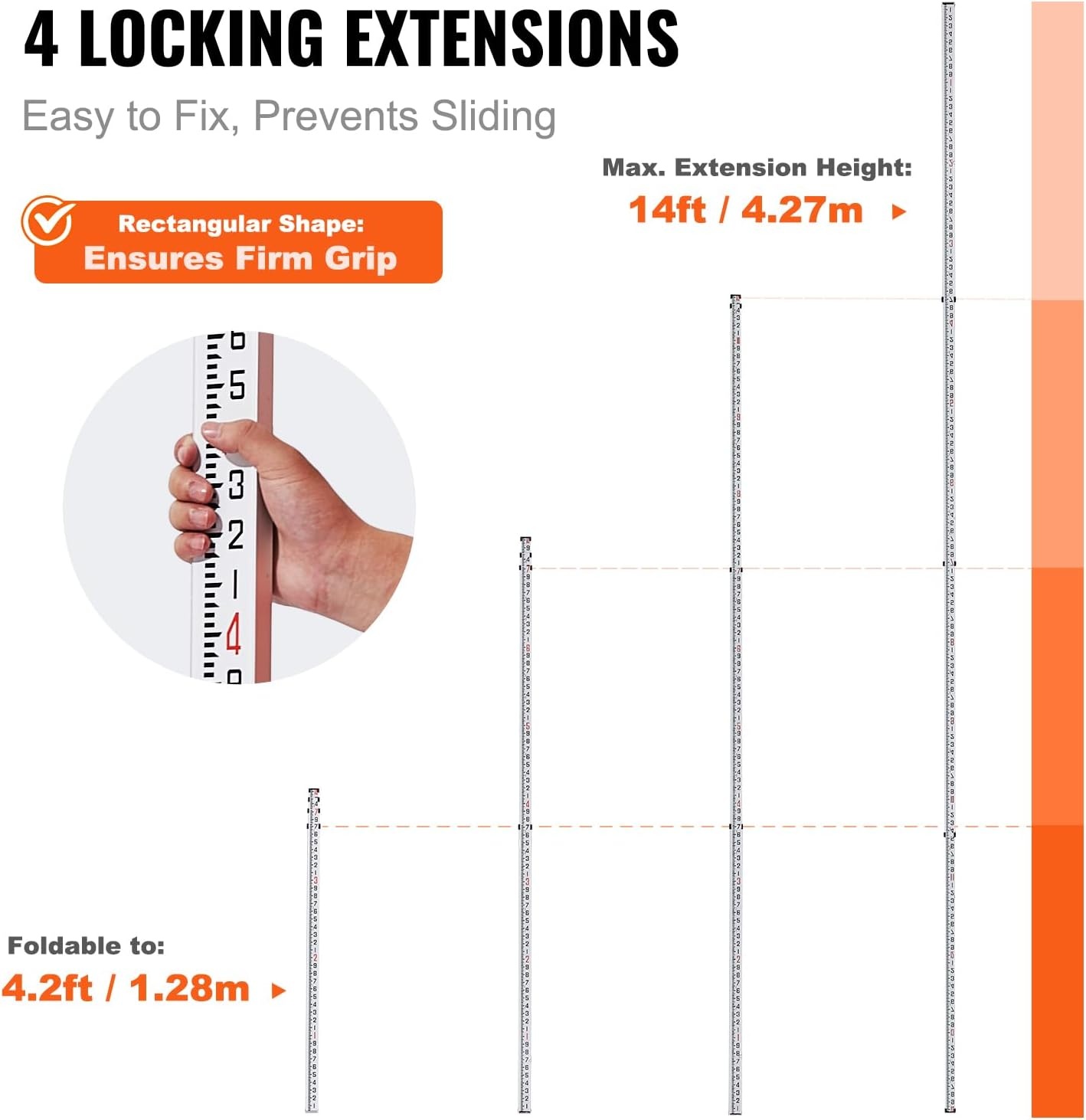 image:imageVEVOR Aluminum Grade Telescopic Measuring Rod 9Feet 3 Sections DoubleSided 18in Leveling Rod with Bubble Level amp Carrying Bag for Houses Walls Floors14 FT10ths