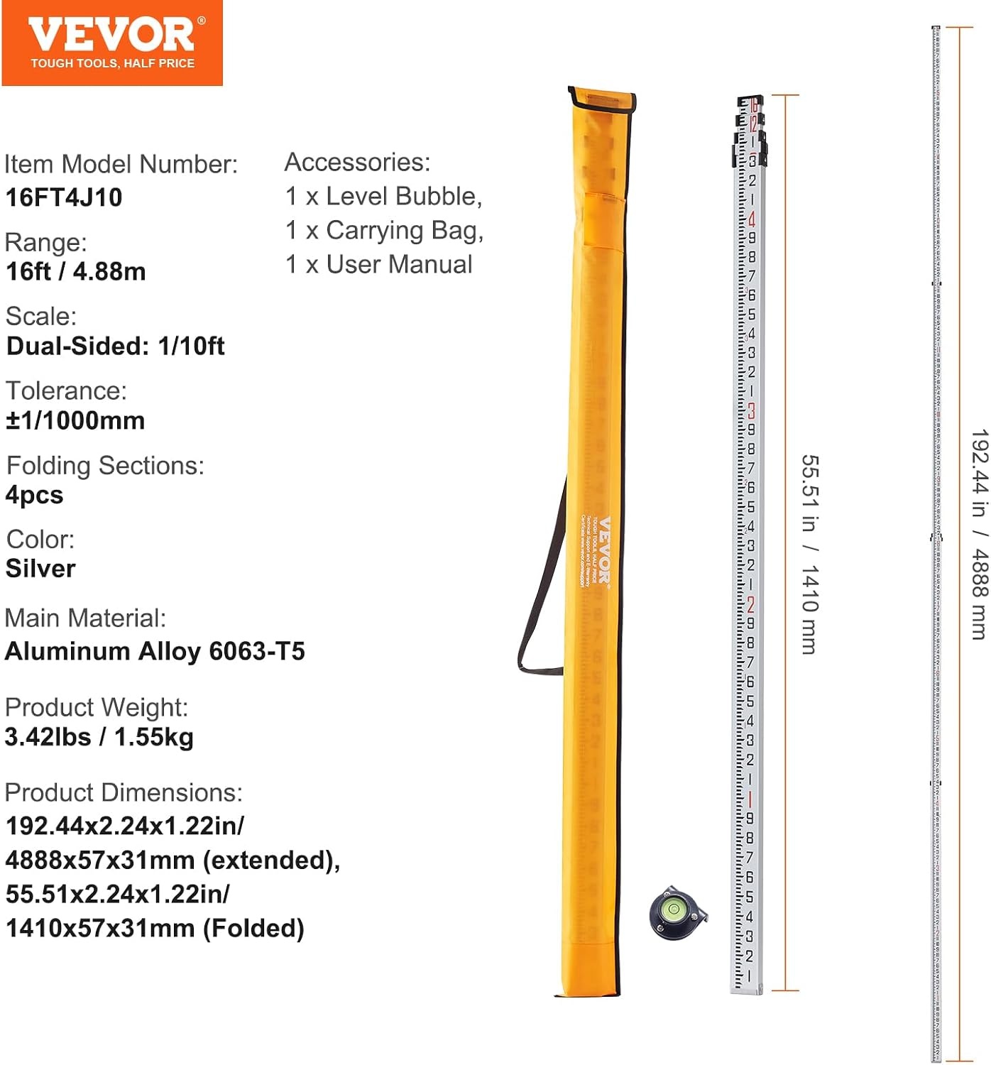 image:imageVEVOR Aluminum Grade Telescopic Measuring Rod 9Feet 3 Sections DoubleSided 18in Leveling Rod with Bubble Level amp Carrying Bag for Houses Walls Floors16 FT10ths