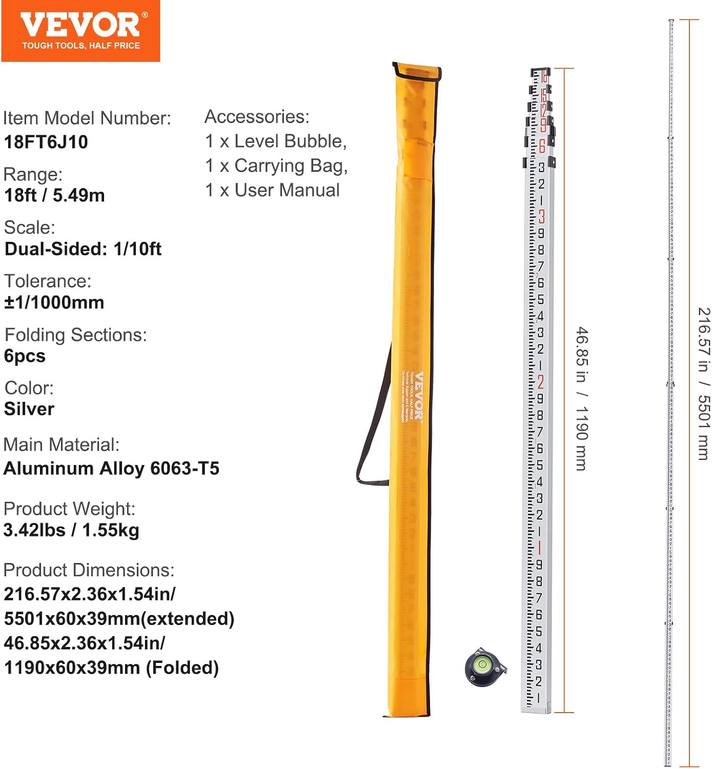 image:imageVEVOR Aluminum Grade Telescopic Measuring Rod 9Feet 3 Sections DoubleSided 18in Leveling Rod with Bubble Level amp Carrying Bag for Houses Walls Floors18 FT10ths
