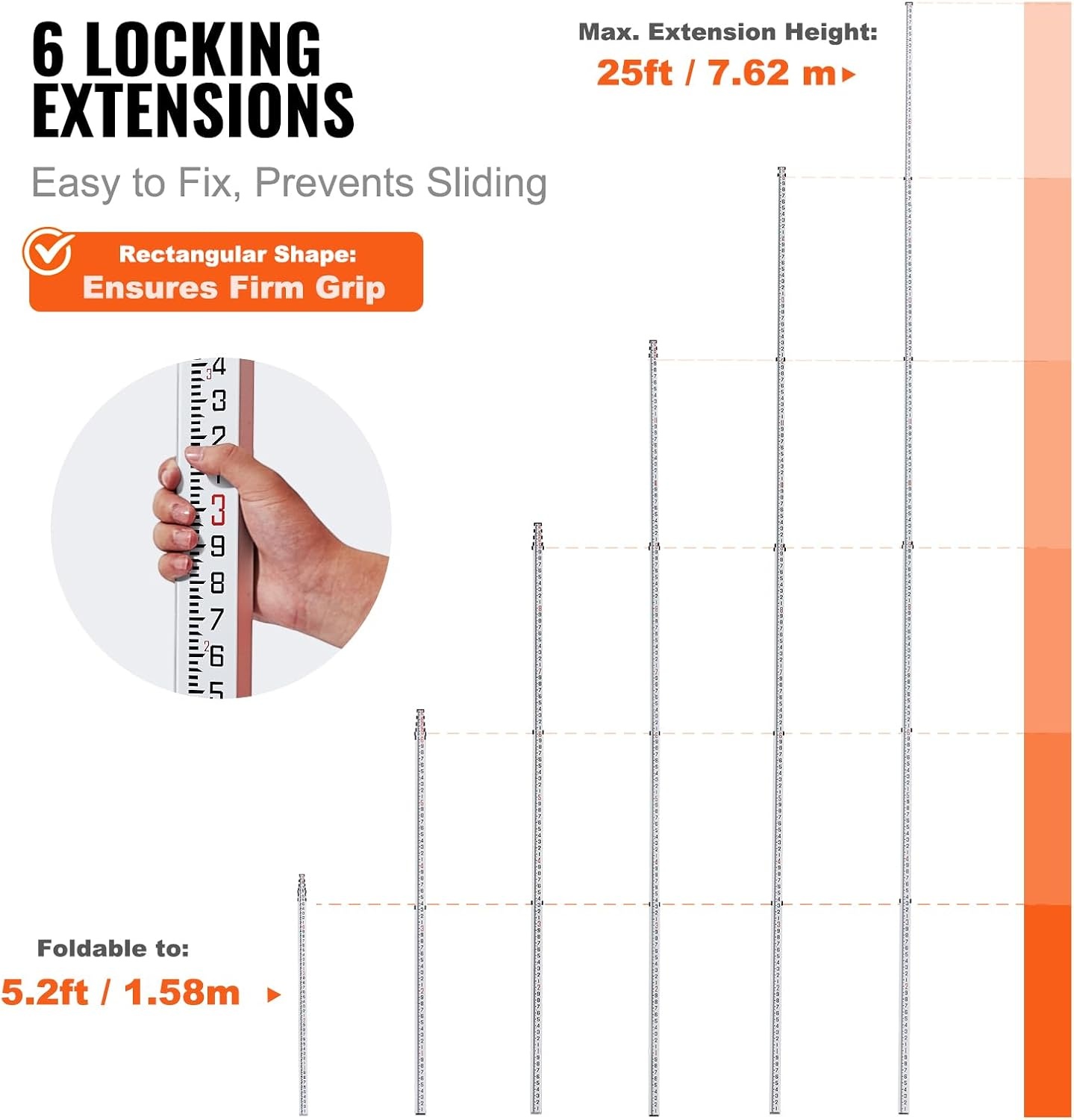image:imageVEVOR Aluminum Grade Telescopic Measuring Rod 9Feet 3 Sections DoubleSided 18in Leveling Rod with Bubble Level amp Carrying Bag for Houses Walls Floors25 FT10ths