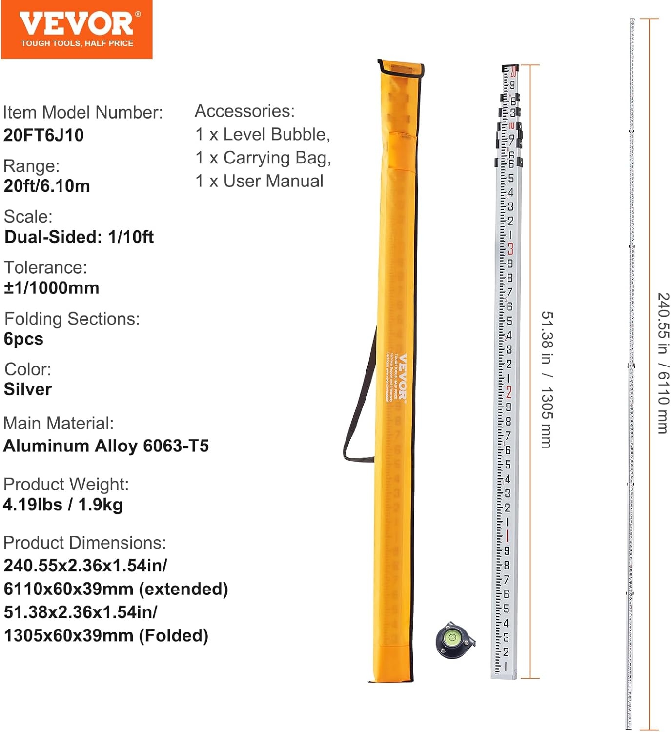 image:imageVEVOR Aluminum Grade Telescopic Measuring Rod 9Feet 3 Sections DoubleSided 18in Leveling Rod with Bubble Level amp Carrying Bag for Houses Walls Floors20 FT10ths