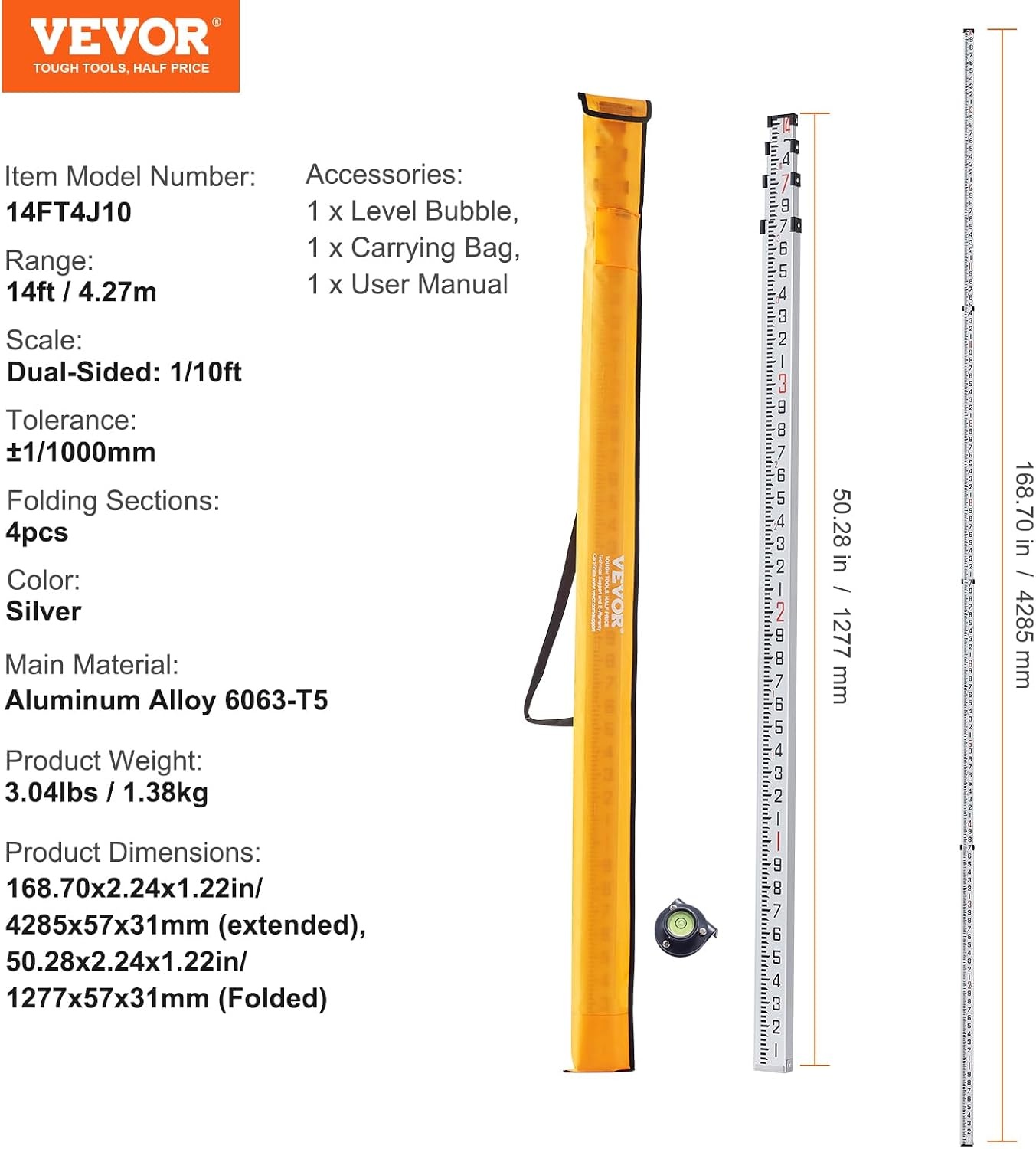 image:imageVEVOR Aluminum Grade Telescopic Measuring Rod 9Feet 3 Sections DoubleSided 18in Leveling Rod with Bubble Level amp Carrying Bag for Houses Walls Floors14 FT10ths