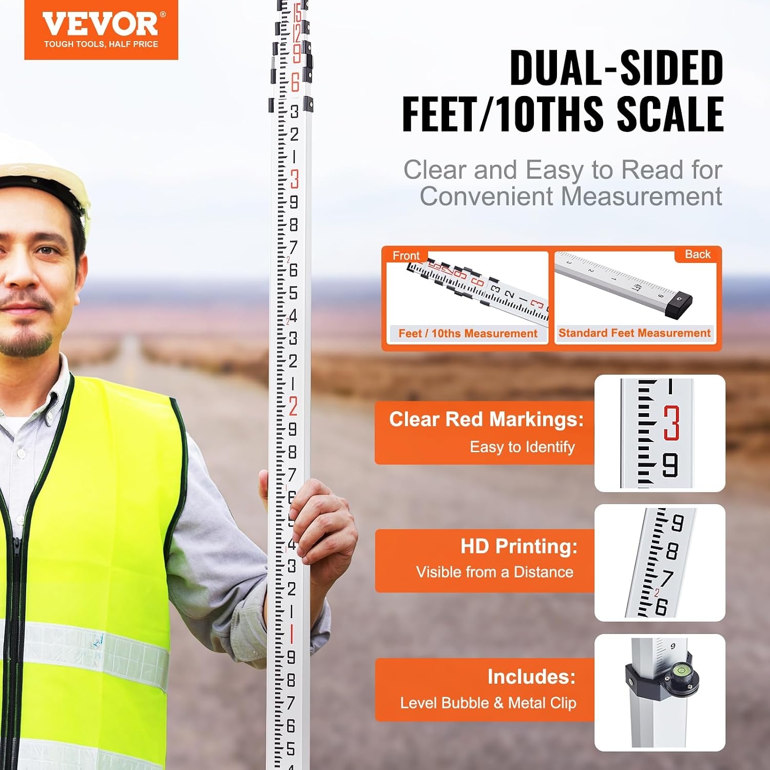 image:imageVEVOR Aluminum Grade Telescopic Measuring Rod 9Feet 3 Sections DoubleSided 18in Leveling Rod with Bubble Level amp Carrying Bag for Houses Walls Floors18 FT10ths