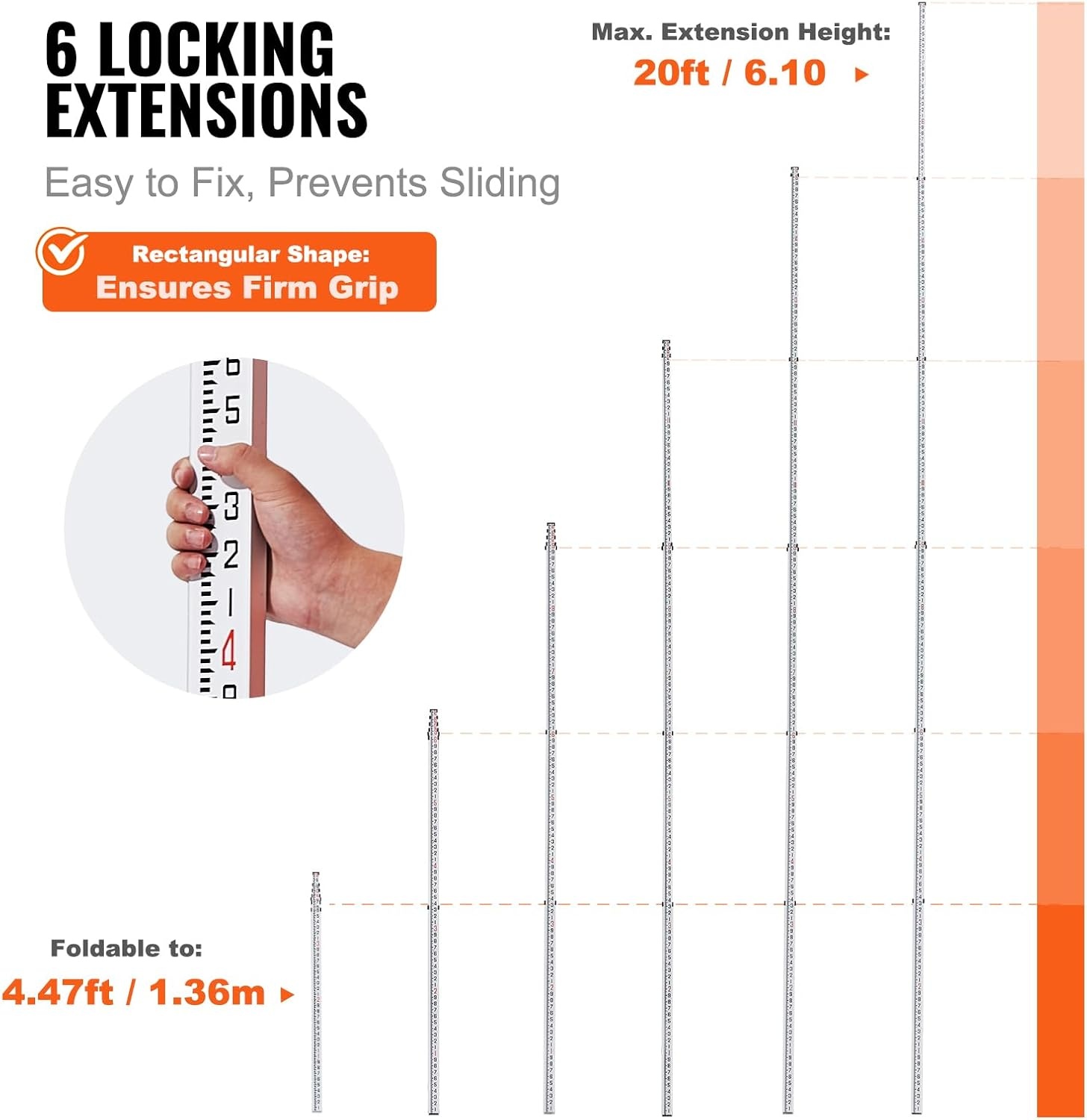 image:imageVEVOR Aluminum Grade Telescopic Measuring Rod 9Feet 3 Sections DoubleSided 18in Leveling Rod with Bubble Level amp Carrying Bag for Houses Walls Floors20 FT10ths