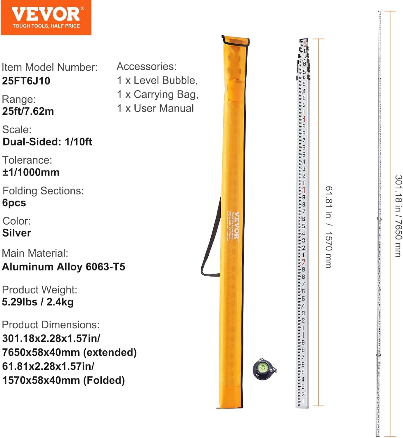 image:imageVEVOR Aluminum Grade Telescopic Measuring Rod 9Feet 3 Sections DoubleSided 18in Leveling Rod with Bubble Level amp Carrying Bag for Houses Walls Floors25 FT10ths