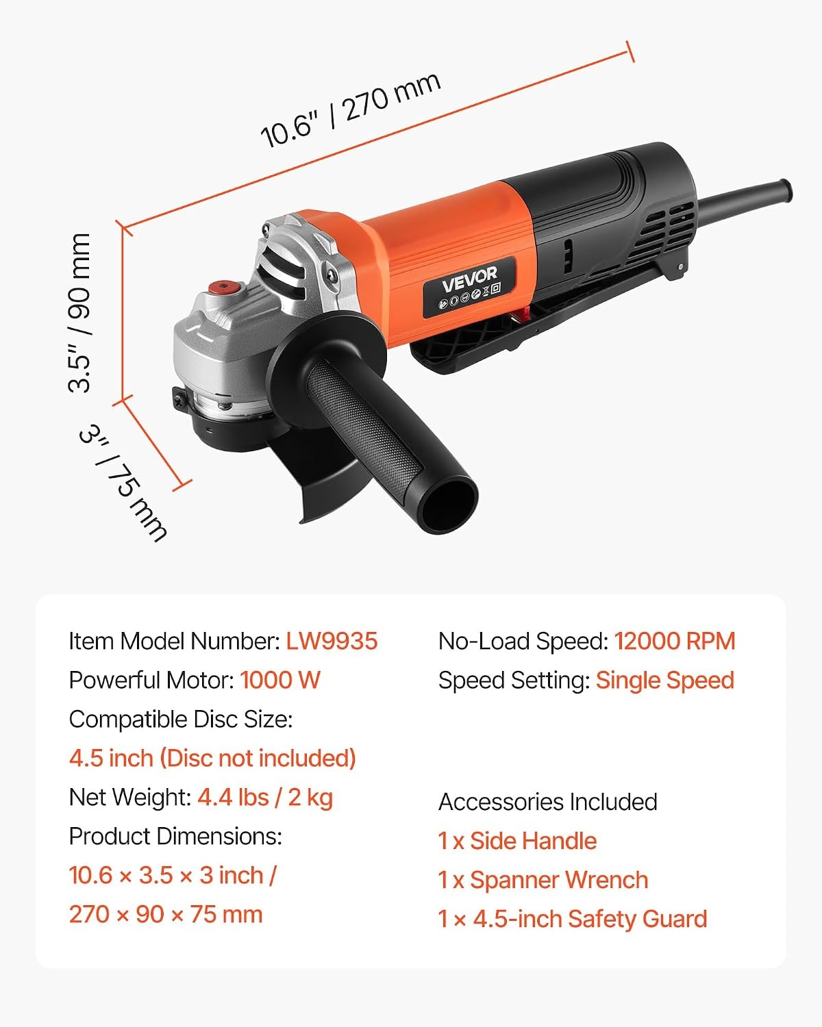 image:imageVEVOR Angle Grinder 412 Electric Grinder Power Tool 8Amps 12000RPM HighSpeed Corded Angle Grinders with 230 Adjustable Dust Guard for Metal Grinding Cutting Rust Removal Disc Not Included412 Inch angle grinder