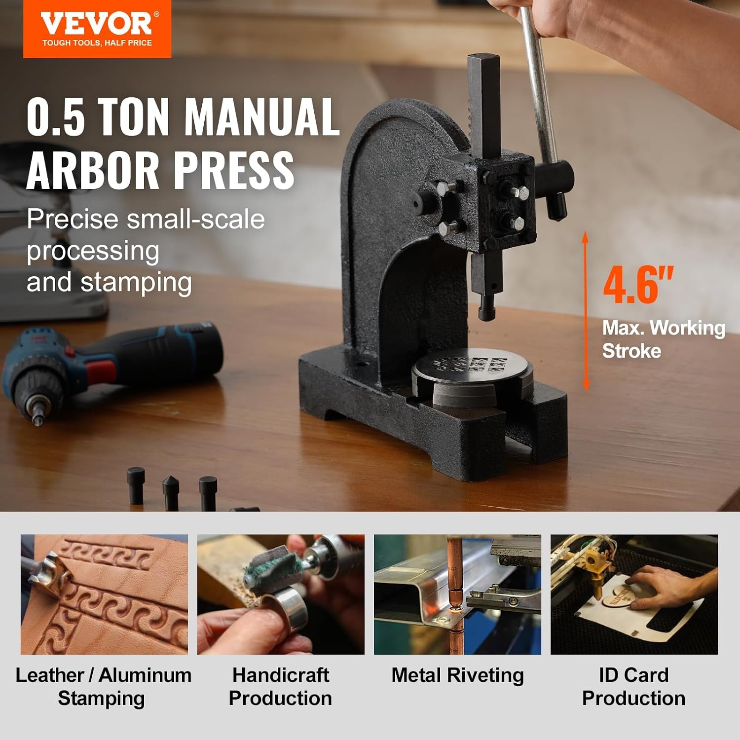 image:imageVEVOR Arbor Press 05 Ton Manual Arbor Press 46 Maximum Height Cast Iron HeavyDuty Manual Desktop Arbor Press Precision Hand Press for Stamping Bending Stretching Forming05T