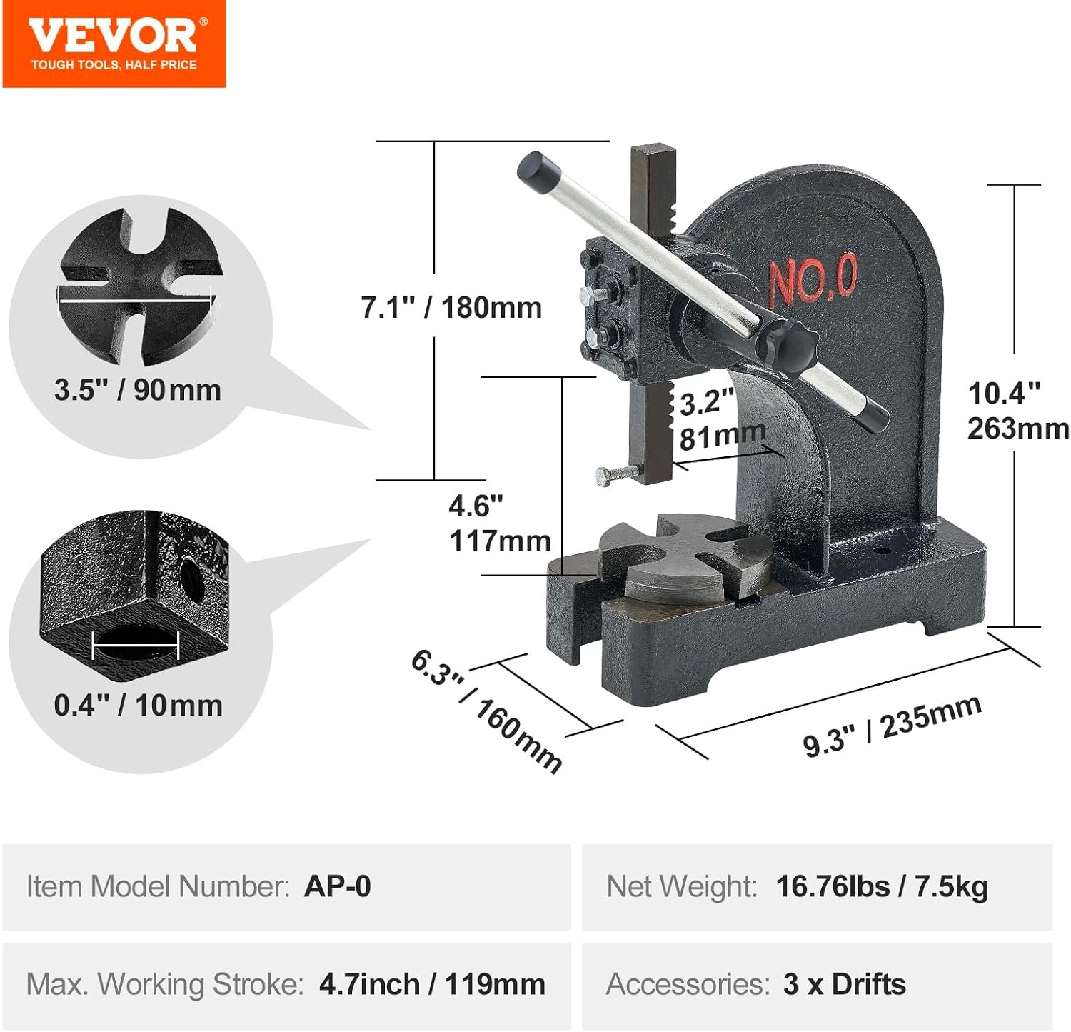 image:imageVEVOR Arbor Press 05 Ton Manual Arbor Press 46 Maximum Height Cast Iron HeavyDuty Manual Desktop Arbor Press Precision Hand Press for Stamping Bending Stretching Forming05T