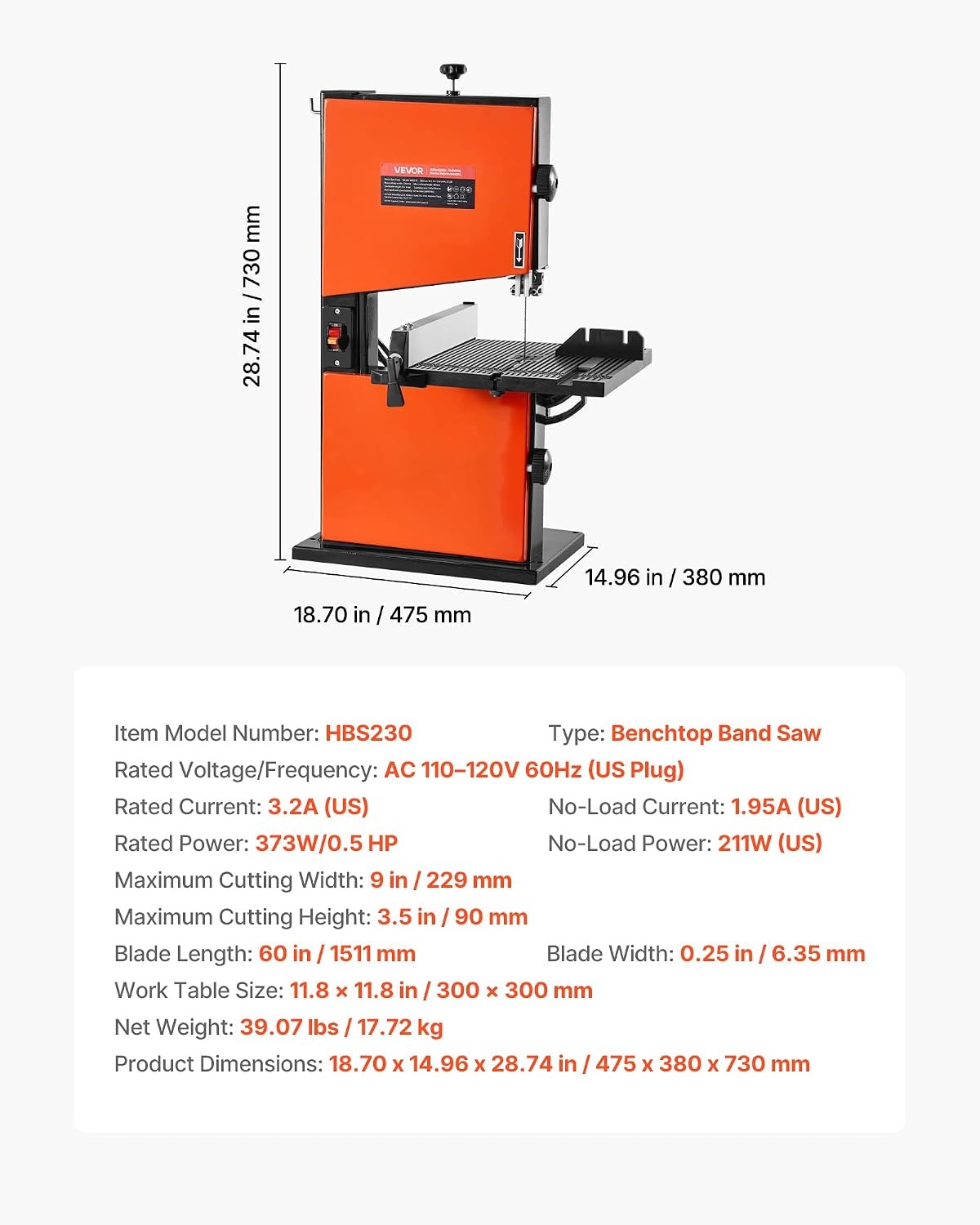 image:imageVEVOR Band Saw 10Inch TwoSpeed Benchtop Bandsaw with 373W 12 HP Motor 6 in Max Cutting Height 132 x 134 in Cast Iron Table with 360 Work Light Miter Gauge Fence Band Saw for Woodworking1870 x 1496 x 2874 in