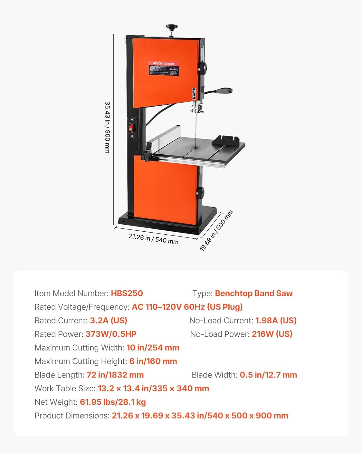 image:imageVEVOR Band Saw 10Inch TwoSpeed Benchtop Bandsaw with 373W 12 HP Motor 6 in Max Cutting Height 132 x 134 in Cast Iron Table with 360 Work Light Miter Gauge Fence Band Saw for Woodworking2126 x 1969 x 3543 in